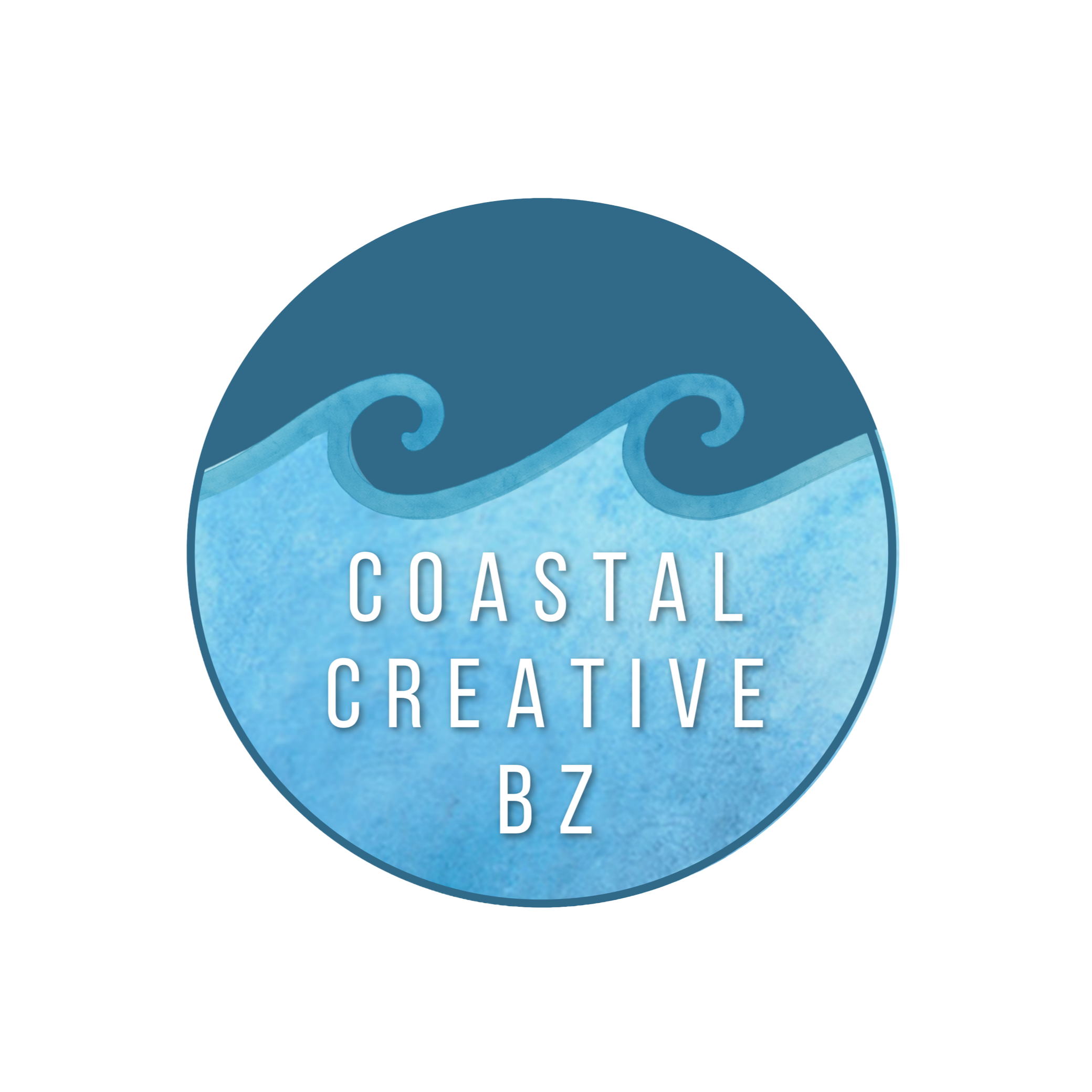Blue circle with the text 'COASTAL CREATIVE BZ' and a wave design element.