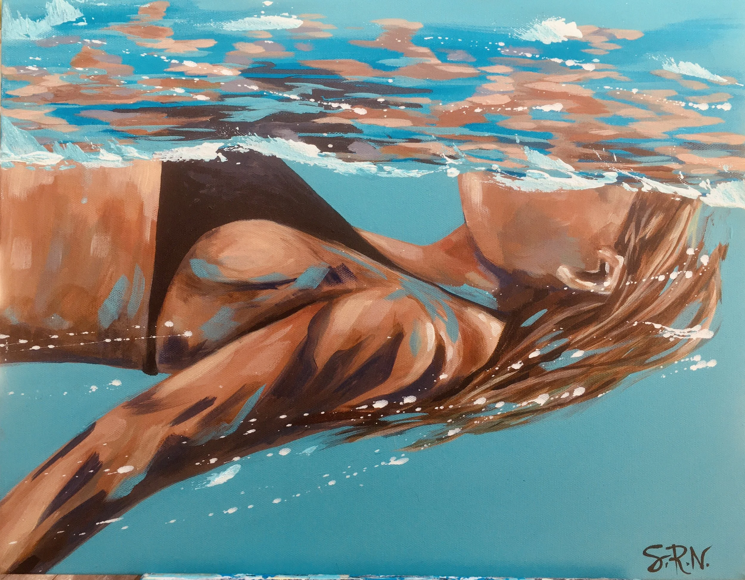 An abstract painting of a person swimming in a pool, with water splashes and ripples depicted in blue, white, and black colors. The person is wearing a black swimsuit, and the background is a solid light blue.