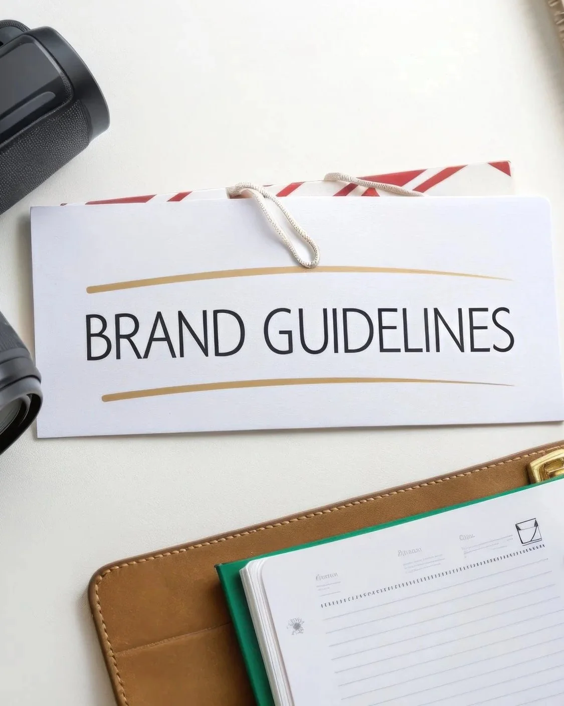 A white desk with a booklet titled "Brand Guidelines," a brown leather notebook, and some other office supplies.