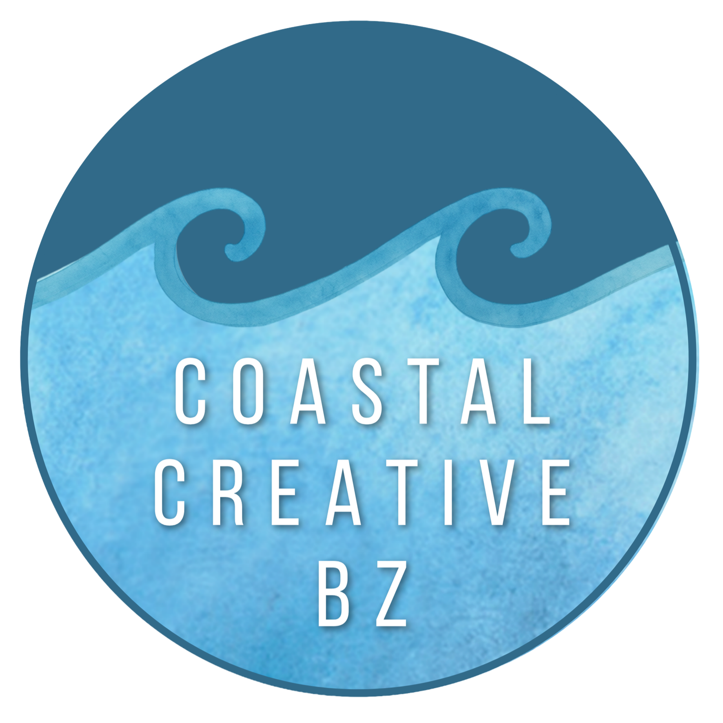 A circular logo with a dark blue top section, a lighter blue background, and the words 'Coastal Creative BZ' in white text.