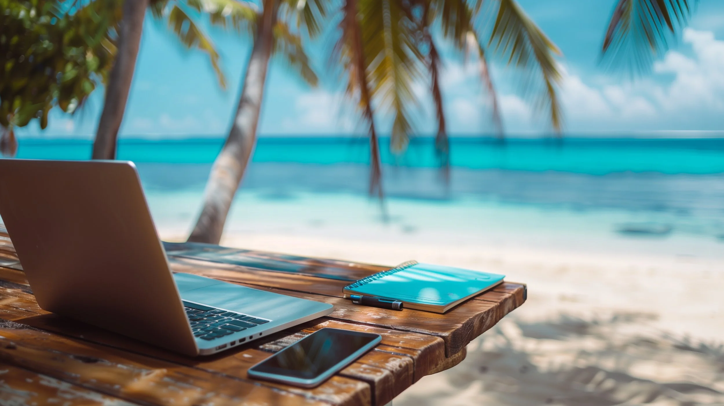 A tropical beach scene with a laptop, notebook, pen, and smartphone on a wooden table under palm trees, with turquoise ocean water in the background.