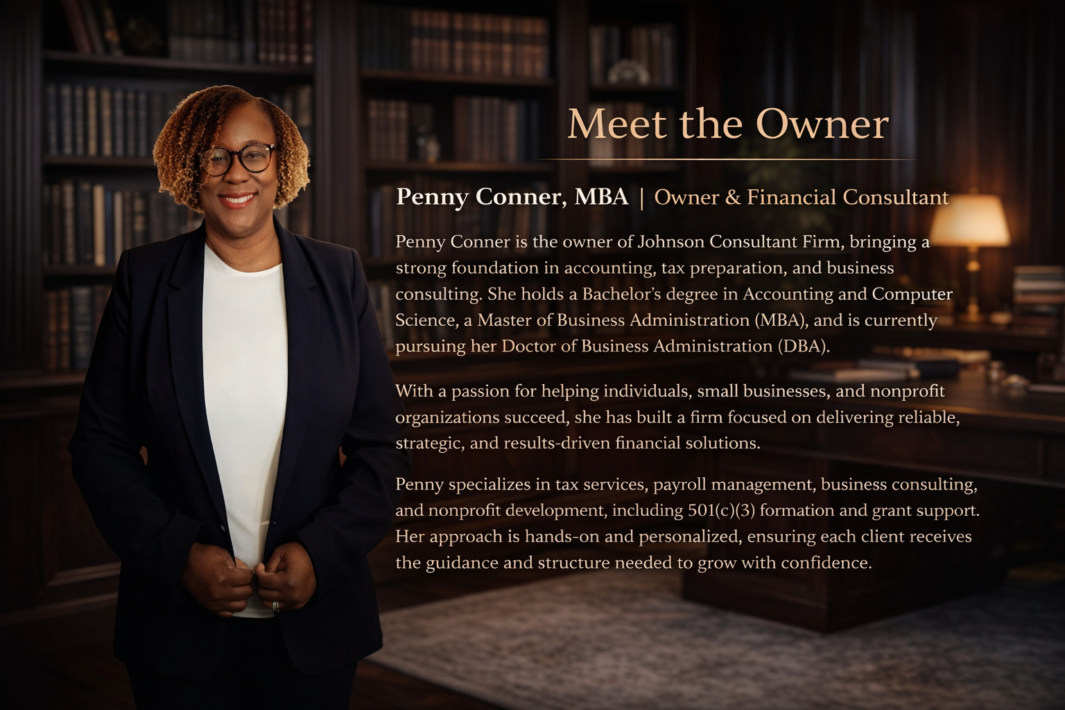 Portrait of Penny Conner, an African American woman with curly hair, glasses, wearing a black blazer and white shirt, standing in a dimly lit library with bookshelves and a desk in the background, accompanied by an introduction text about her professional background and expertise.