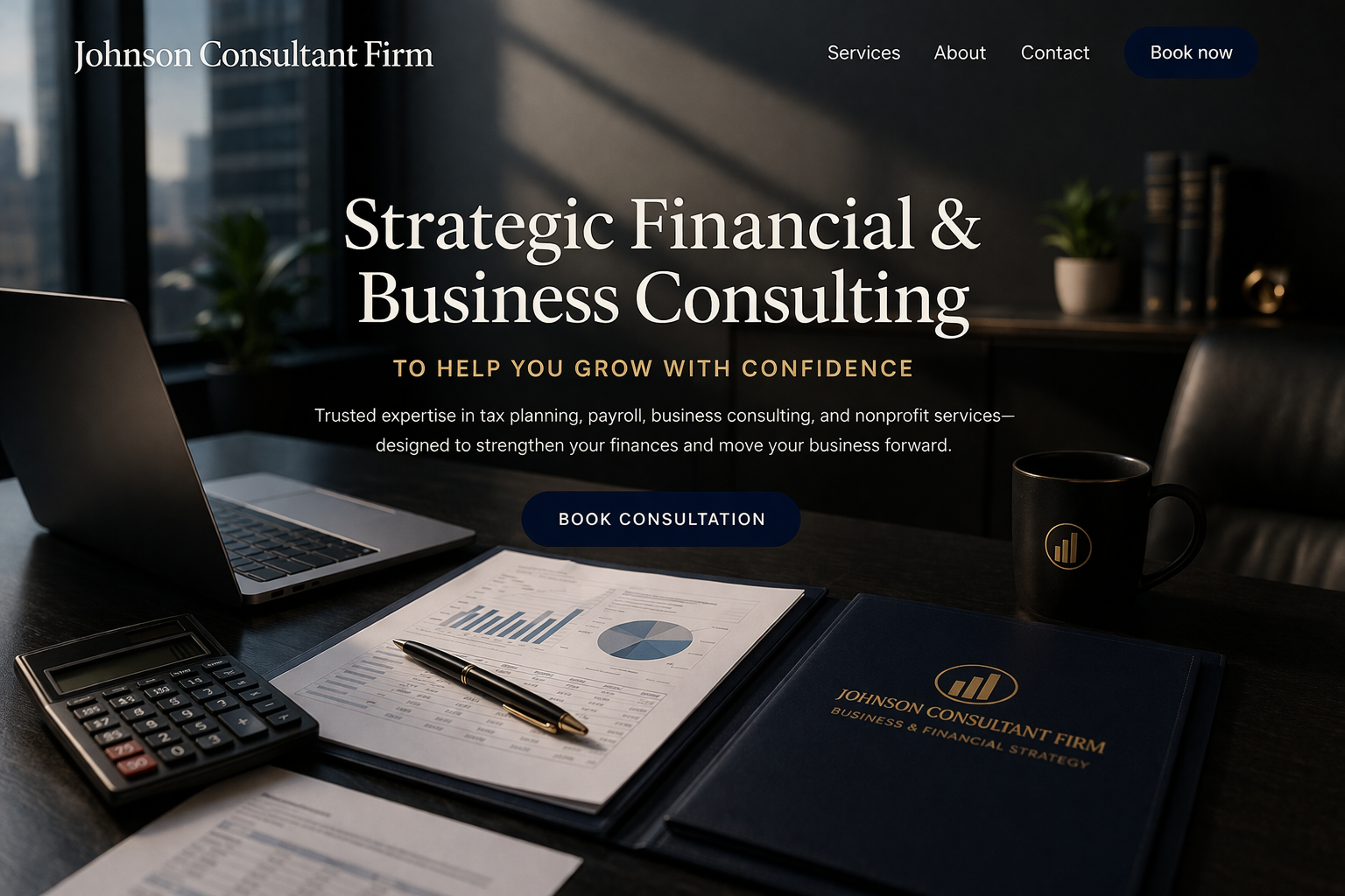 “Professional business consulting workspace with financial documents, laptop, and strategy tools representing tax, payroll, and business consulting services.”