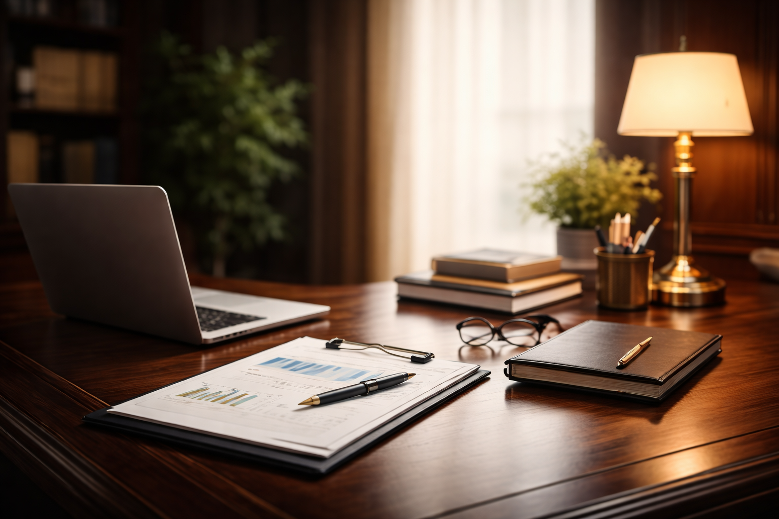 Professional consulting office desk with financial documents, laptop, and workspace setup