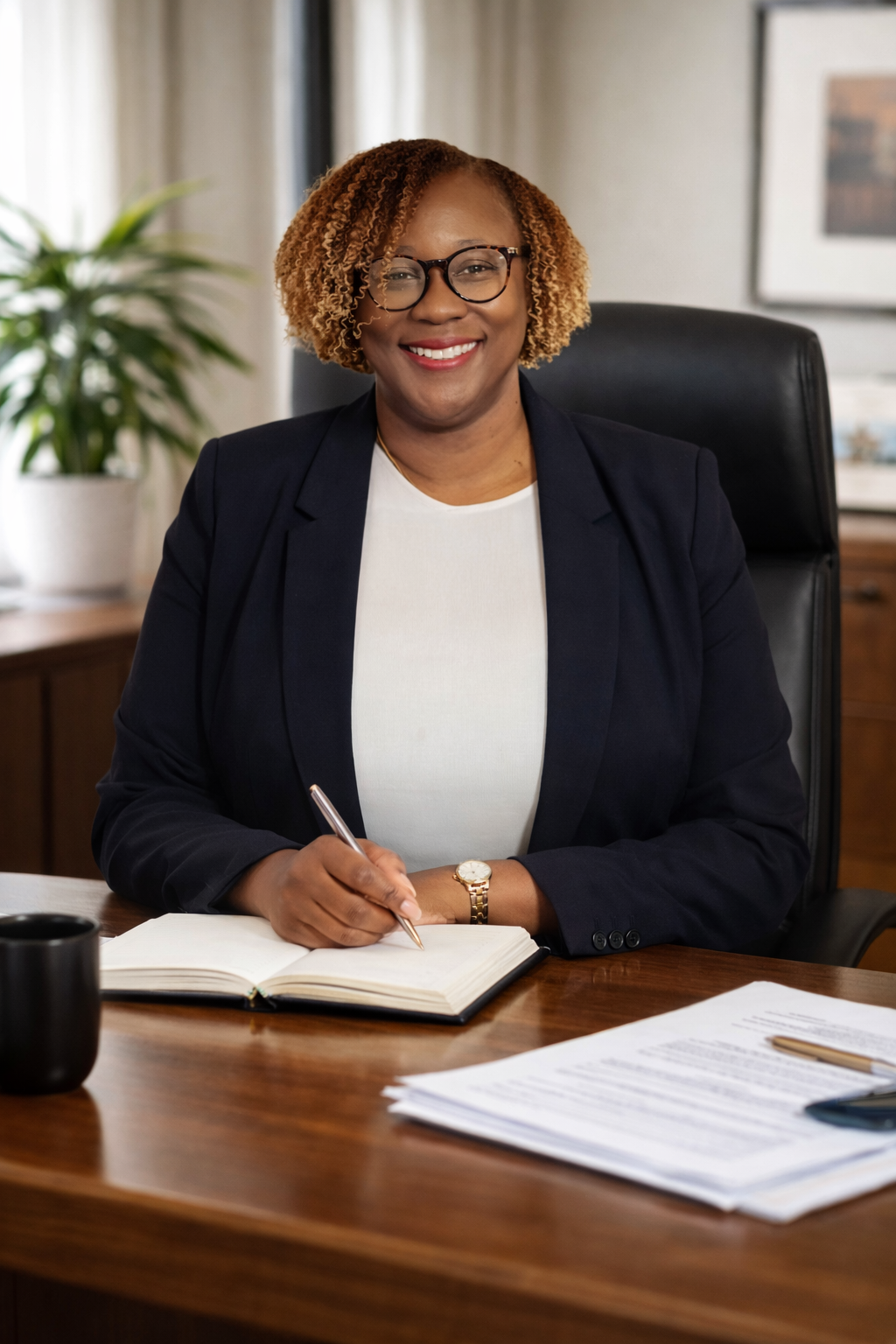 Professional Consultant Penny Conner seated at desk providing tax, business, and nonprofit consulting services.