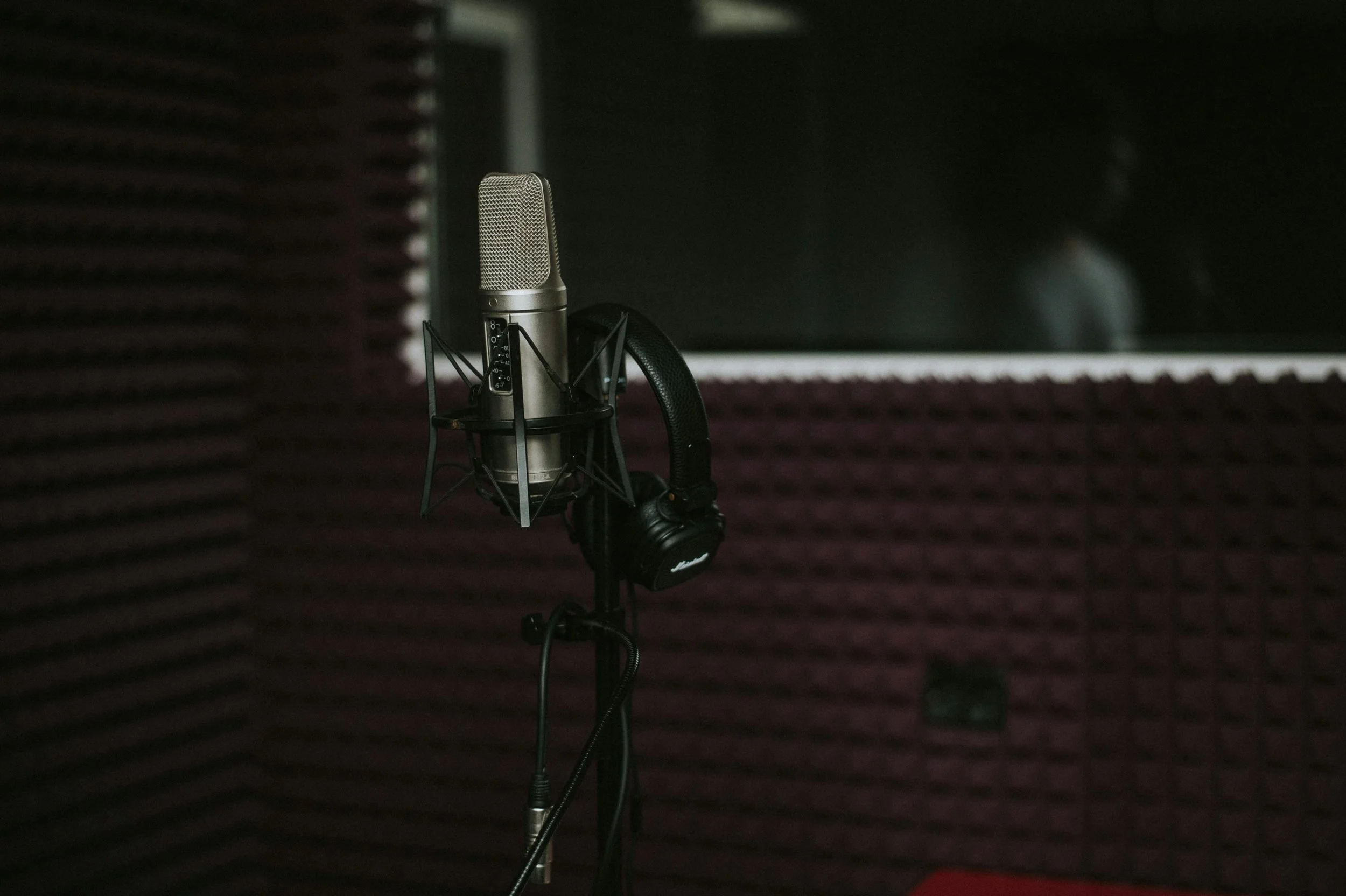 A professional condenser microphone on a stand, with a pop filter, in a recording studio with soundproof foam walls and a large window.