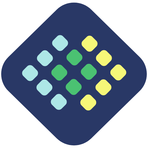 A dark blue square with rounded corners containing a pattern of 25 smaller diamonds, with a Gradation of colors from light blue to yellow in a circular arrangement.