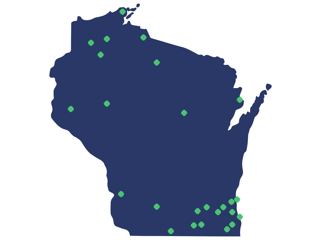 Map of Wisconsin showing various locations marked with green dots.