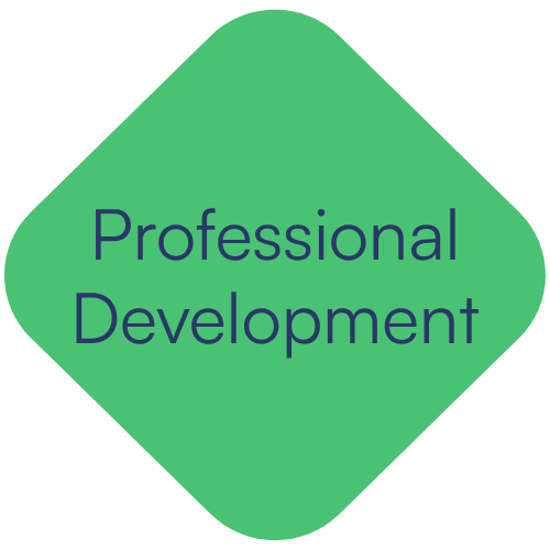 A green diamond-shaped badge with the words "Professional Development" in purple text.