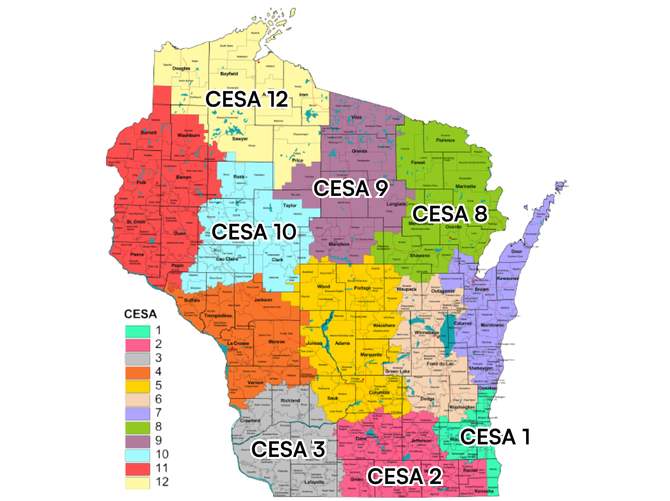 Map of Wisconsin divided into Cooperative Educational Service Agency (CESA) regions.