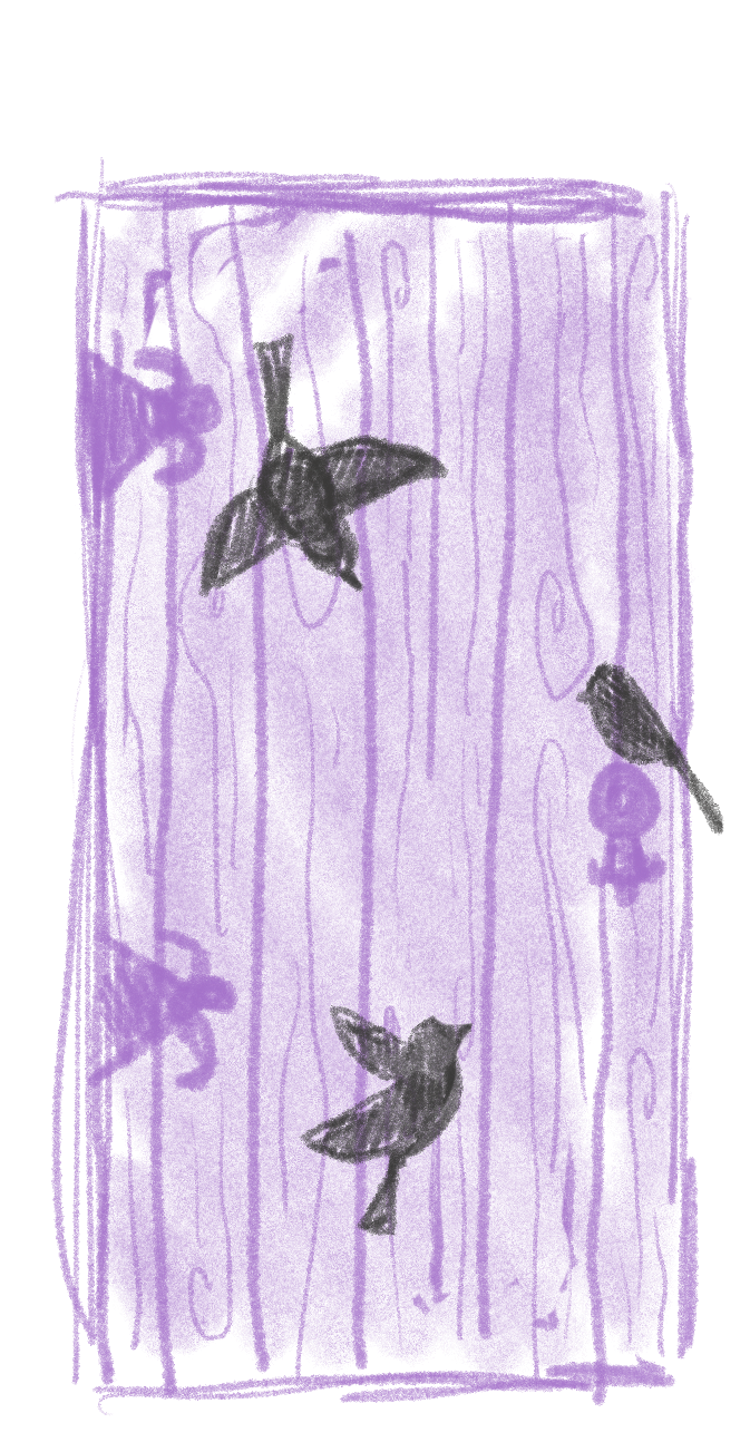Sketch of a purple door with three black birds
