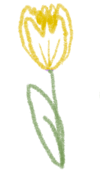Sketch of a yellow tulip with green stem and leaf.