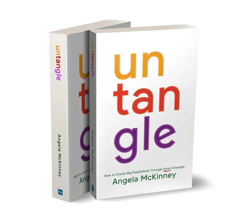 Two copies of a book titled "Untangle" by Angela McKinney, featuring large colorful text on the cover and a subtitle about creating big possibilities through small changes.
