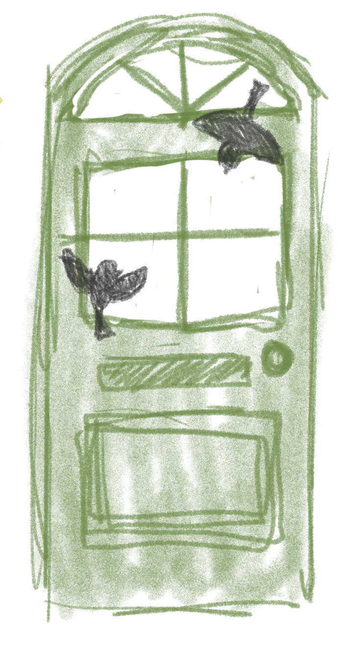 Sketch of a green door with two black birds