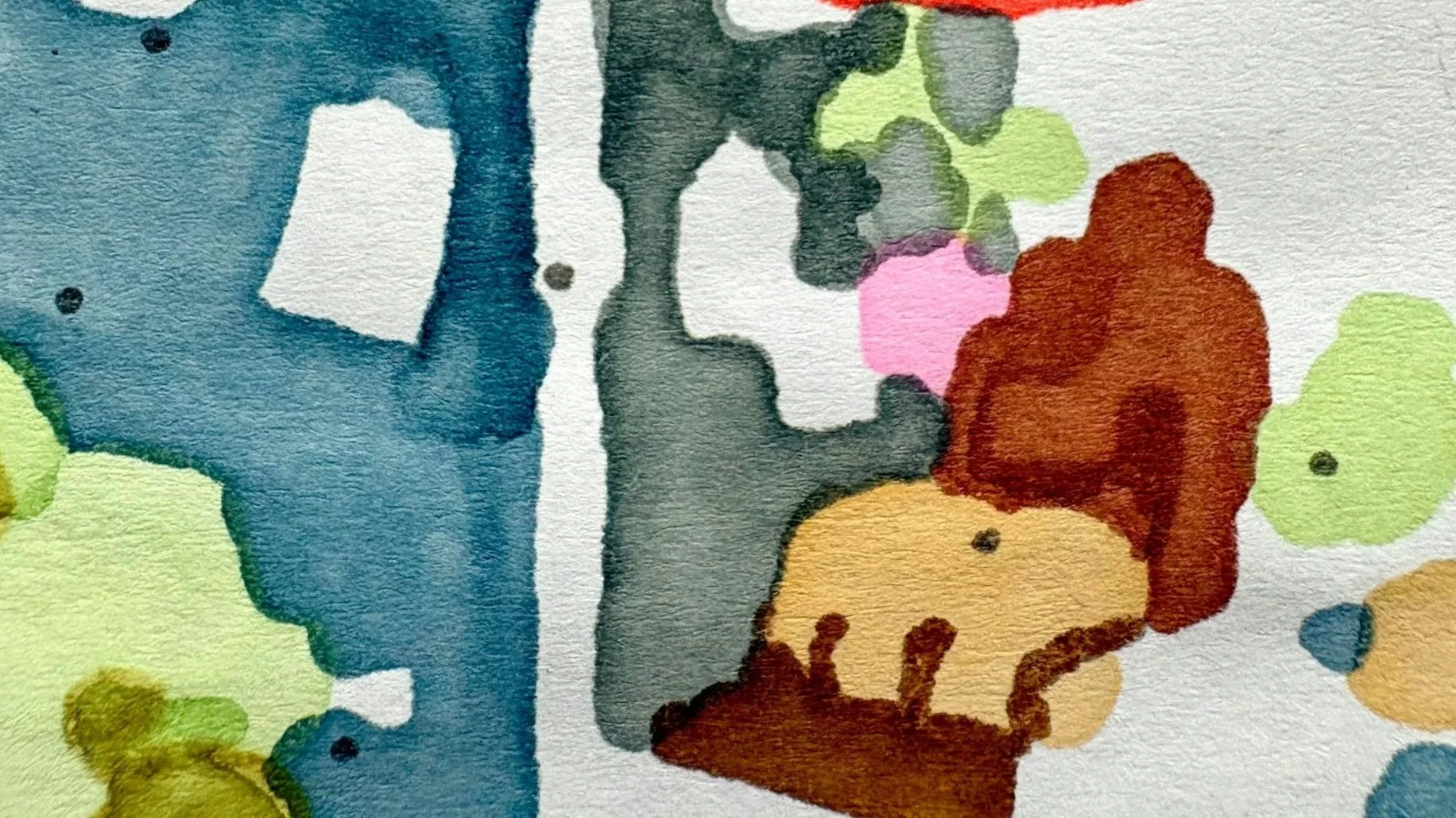 Abstract watercolor painting with colorful blobs and shapes in blue, green, pink, red, orange, and yellow.