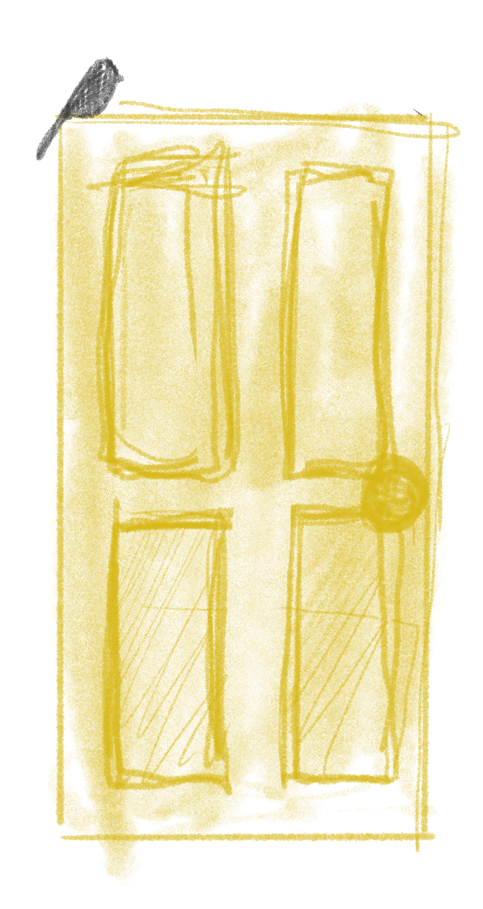 Sketch of a yellow door with a blackbird perched on top