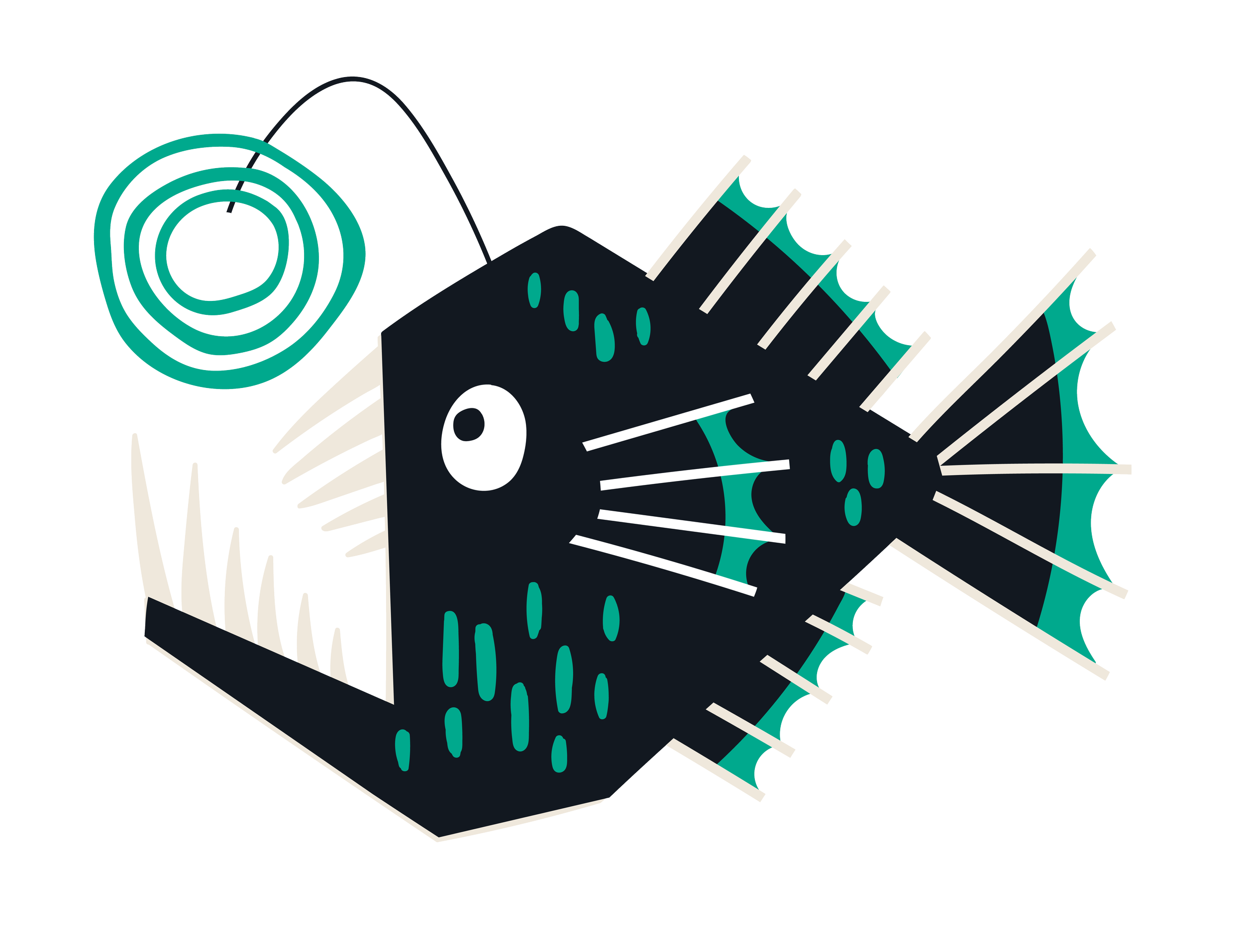 Digital illustration of a fish with fin structures and a spiral antenna or sensory organ on its head.