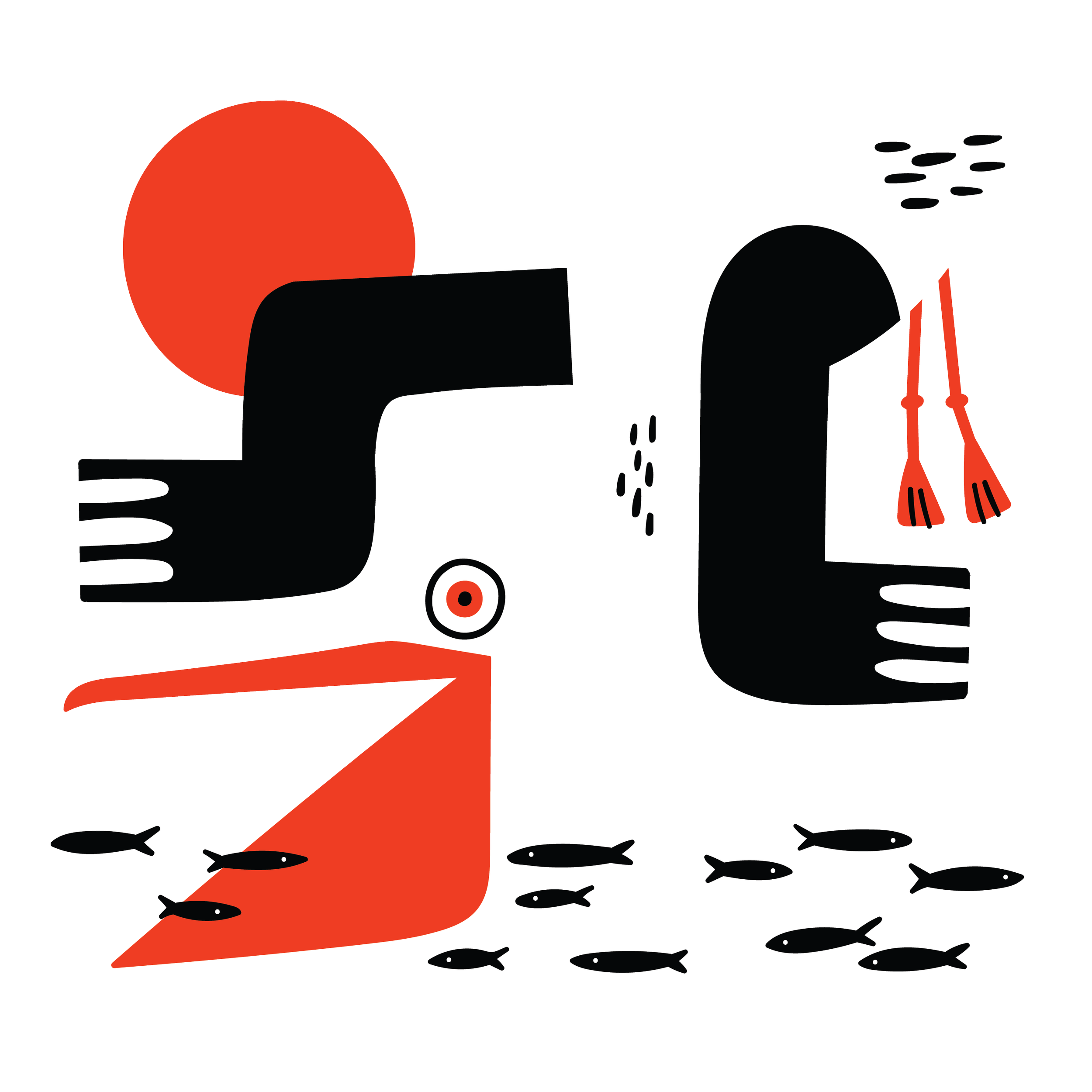 Minimalist illustration of a white fish with black spots, red fins, and a red eye swimming among smaller black fish against a white background.