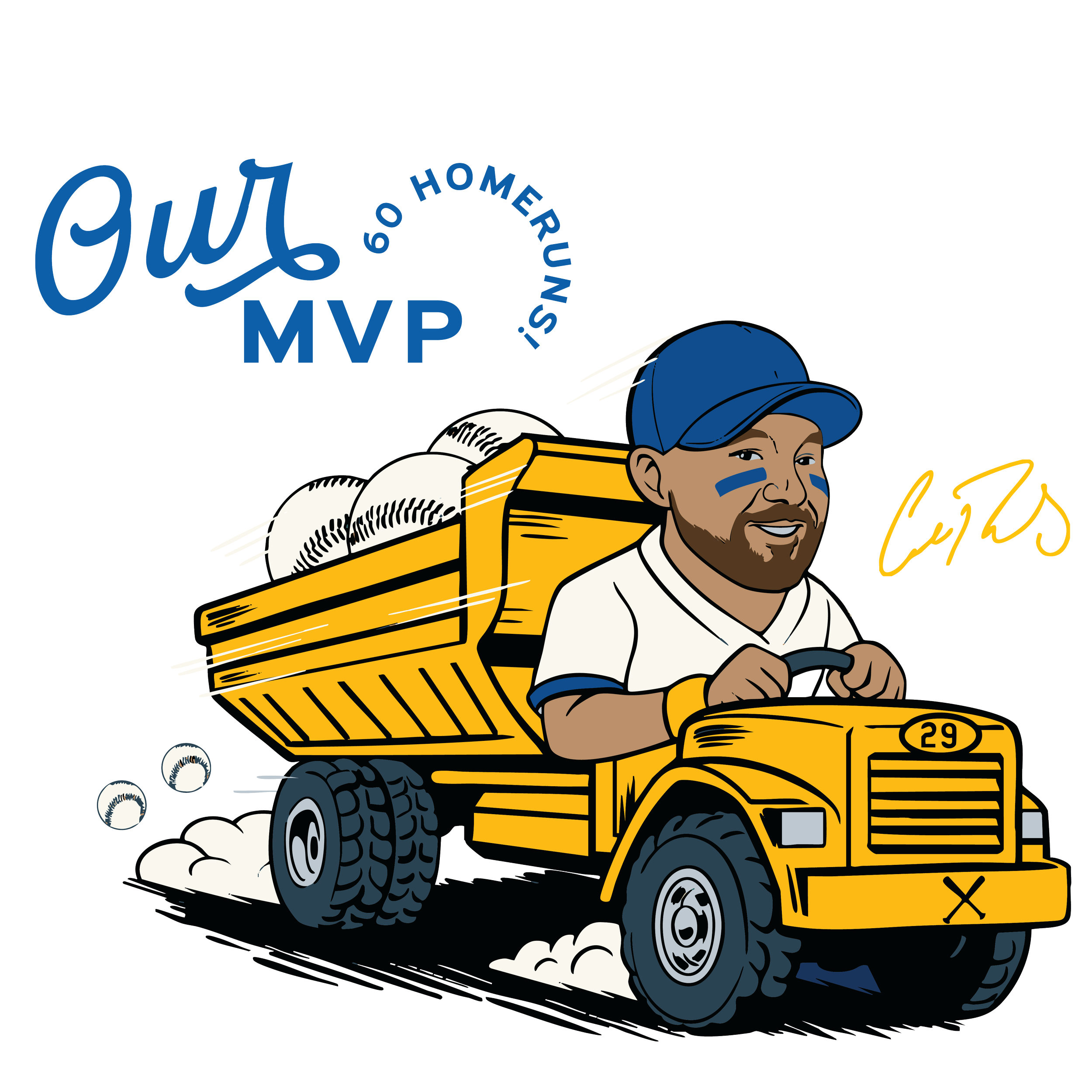 Cartoon of a delivery person driving a yellow pickup truck carrying a large yellow box and a delivery bag, with a baseball cap, against a white background.