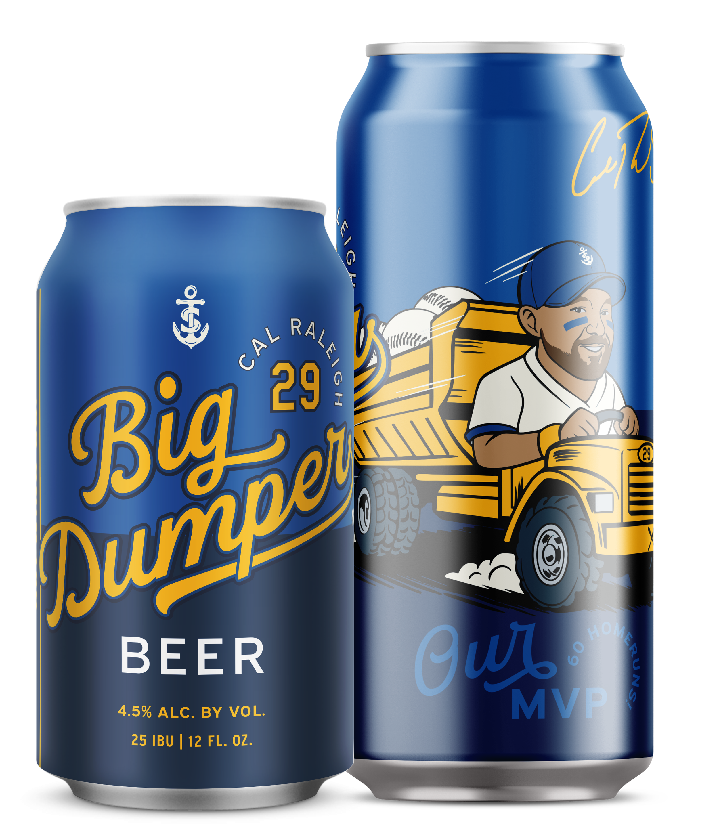 Two blue cans of beer, one showing the front label with a cartoon of a man driving a forklift, and the other showing a partially visible design with an anchor symbol.