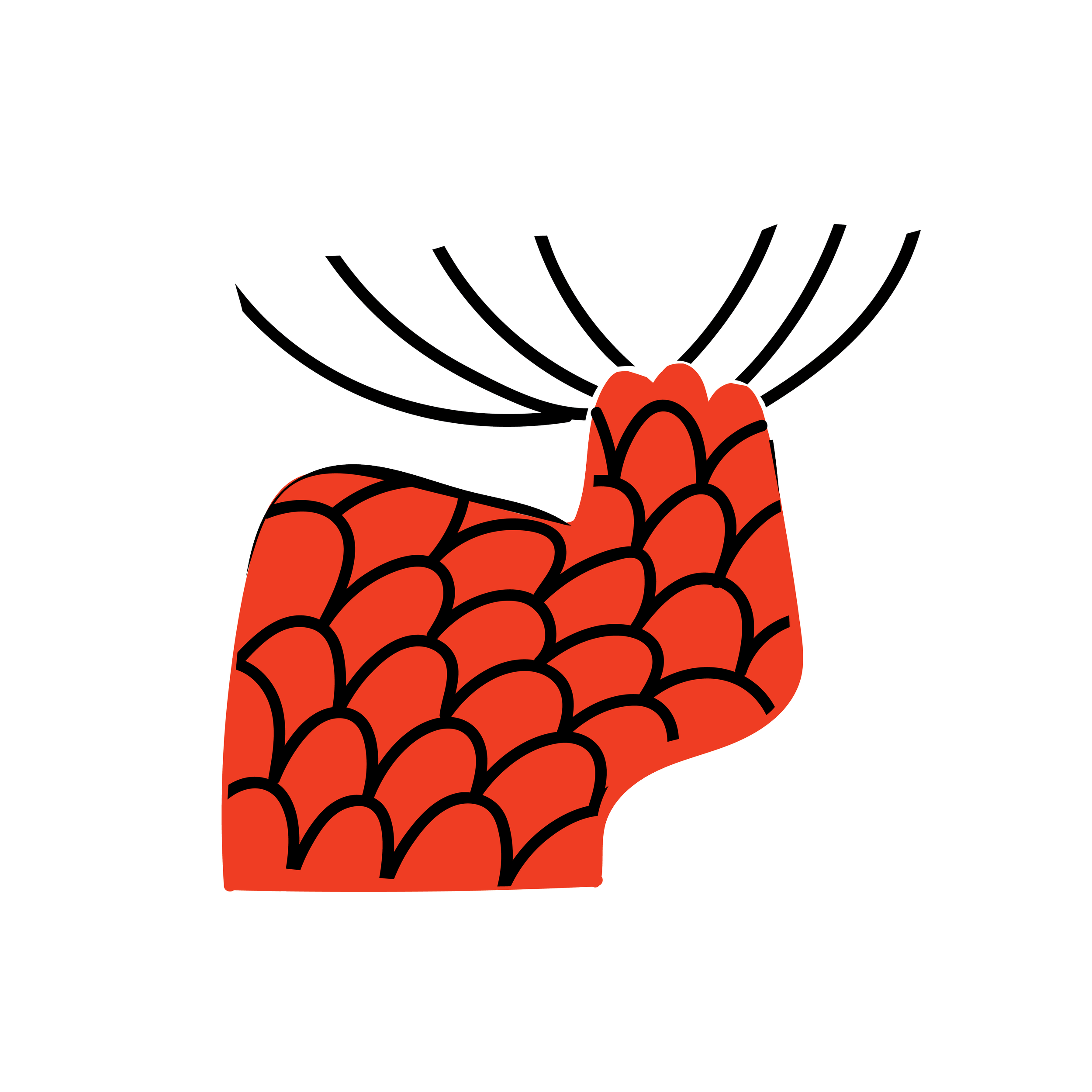 A cartoon illustration of a fish tail with red scales and black markings against a black background.