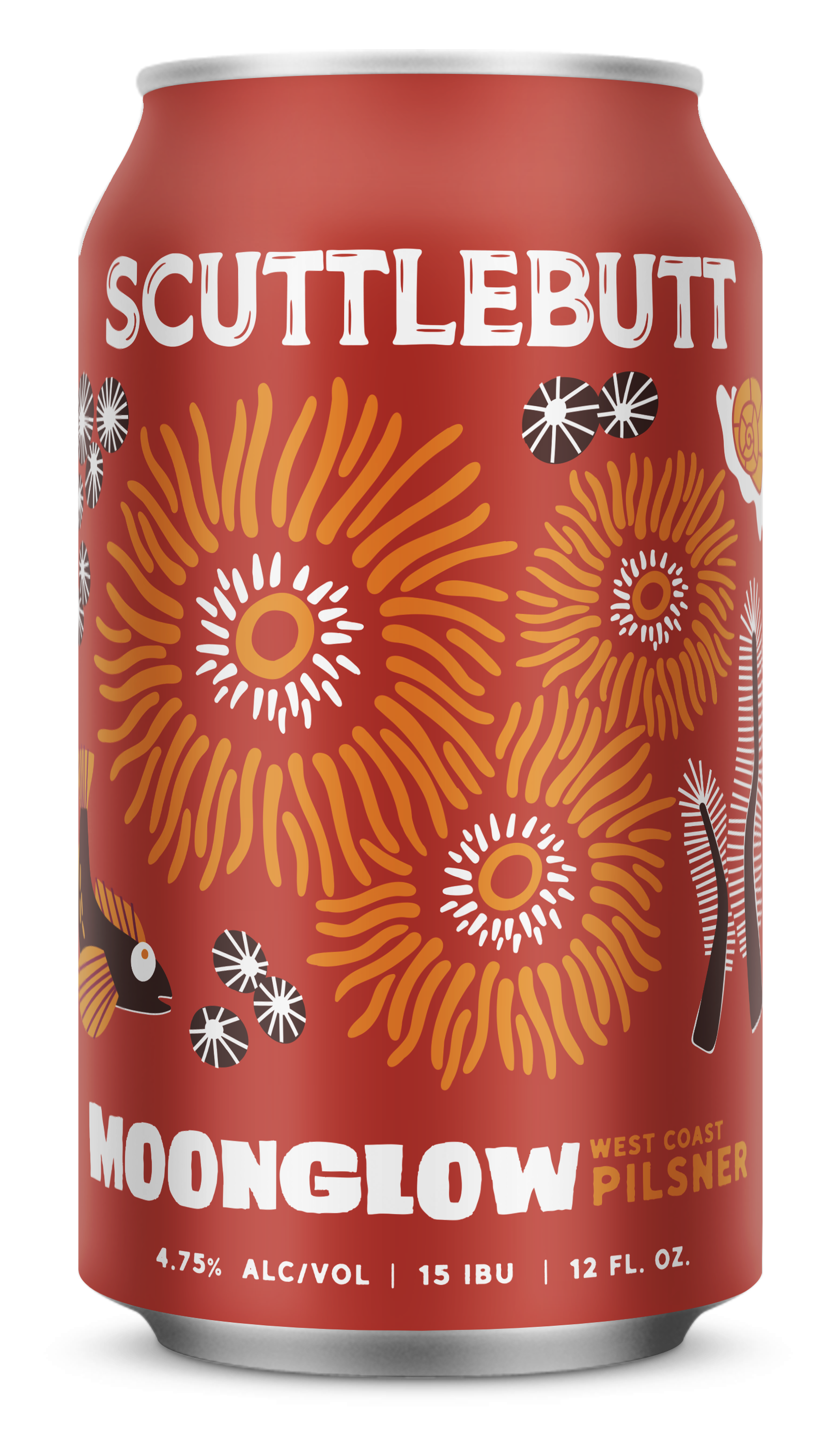 A can of Moonglow West Coast Pilsner beer with a red label featuring orange firework designs, a black mouse character, and white text displaying alcohol content and brewery information.