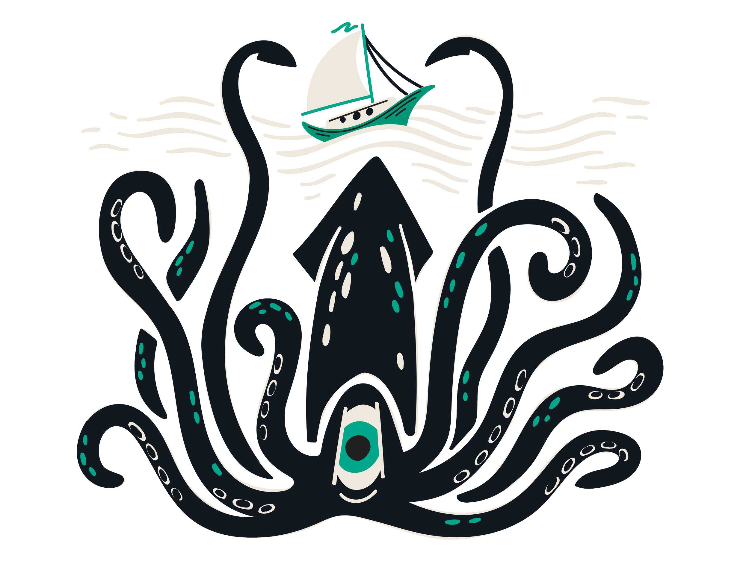 Stylized illustration of an octopus with a sailboat on its head, surrounded by waves, with a decorative diamond shape and circular elements in blue, beige, and black colors.