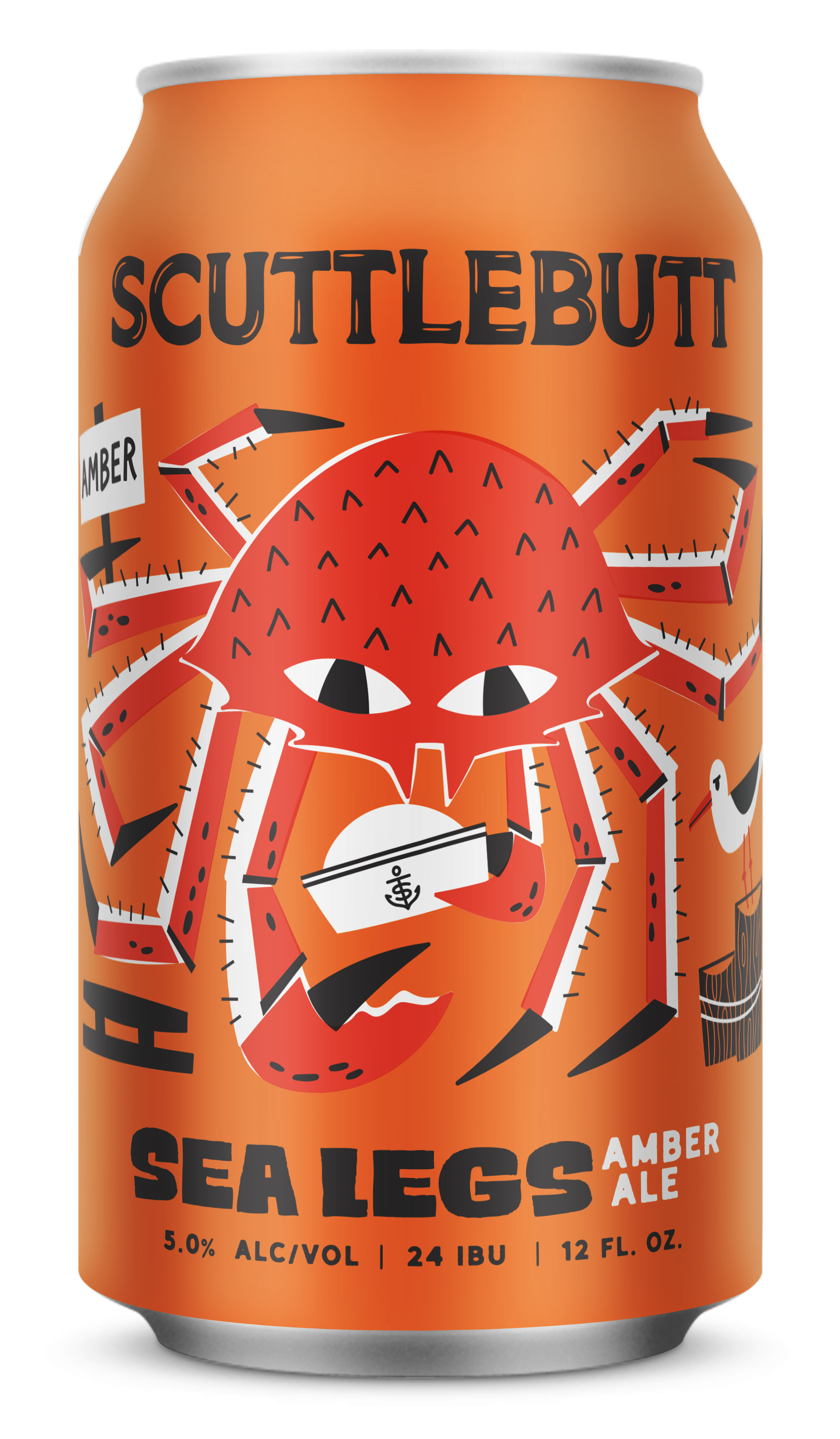 Can design featuring a red crab character holding a beer mug, with the word "SCUTTLEBUTT" at the top, and the label "Sea Legs Amber Ale" at the bottom, indicating 5% alcohol, 24 IBU, 12 fluid ounces.