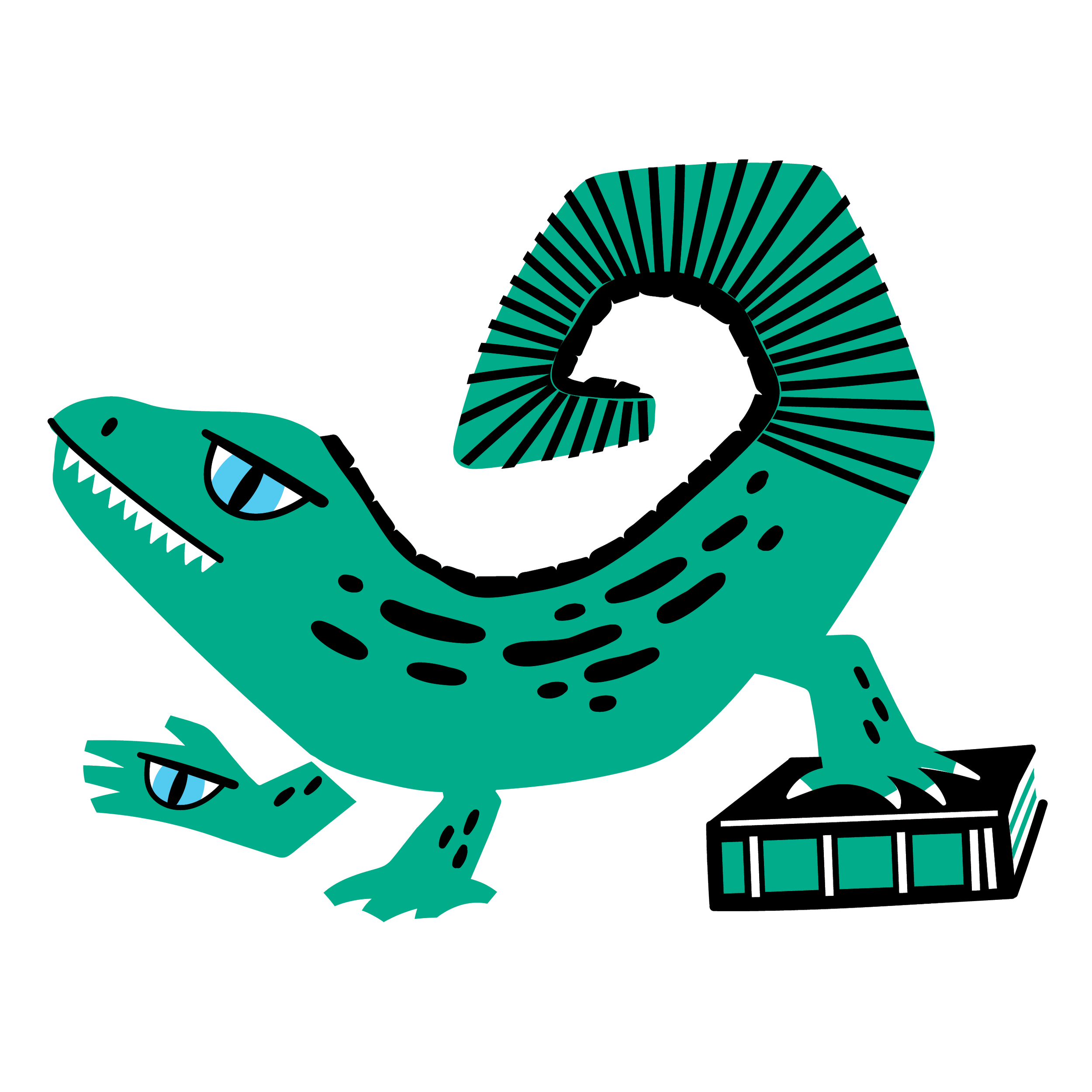 Illustration of a large, stylized green sea serpent with an open mouth, sharp teeth, and blue eyes. Several smaller green fish are nearby, with a night sky background showing stars, clouds, and a moon.