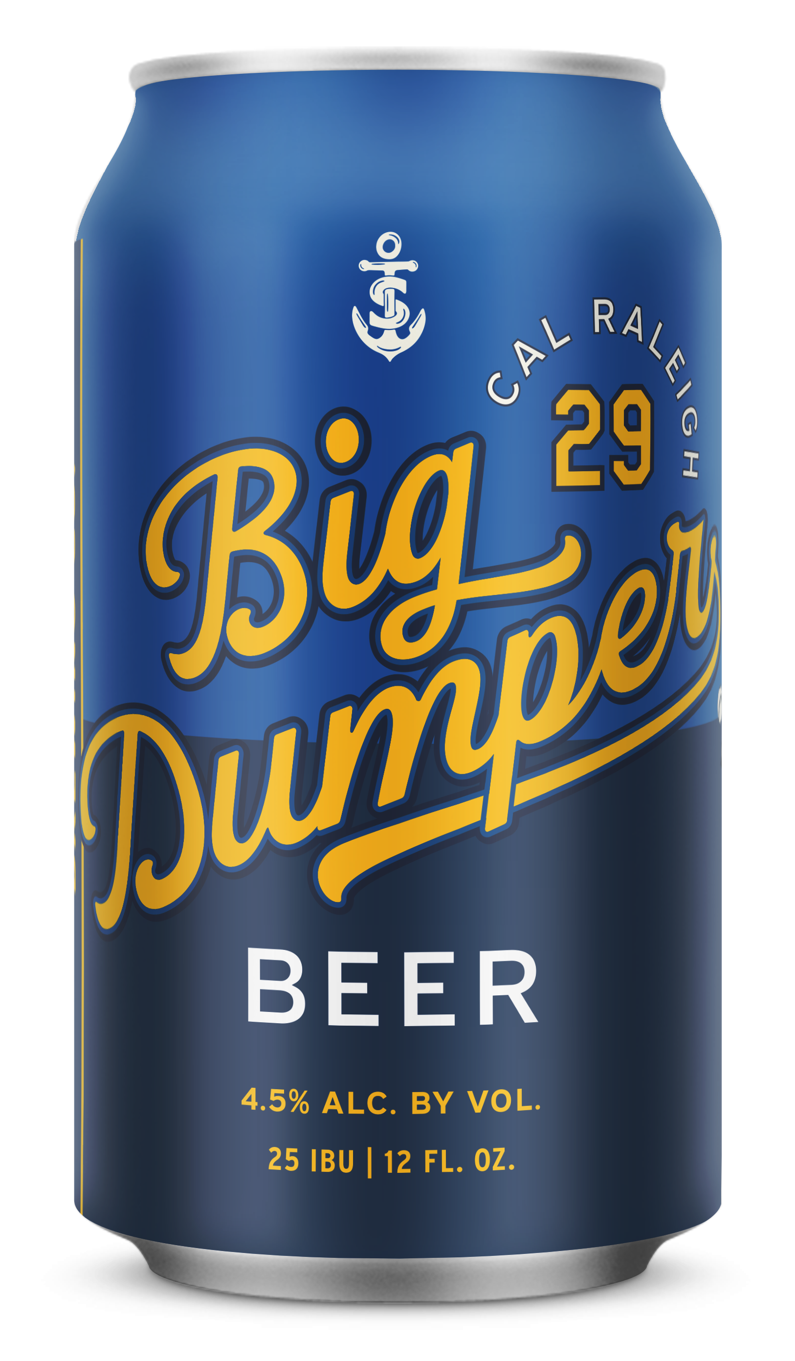 A can of Big Dune beer with a blue label, featuring a nautical anchor symbol at the top, the text 'Cal Rale High 29,' and information indicating 4.5% alcohol by volume, 25 IBU, and 12 fluid ounces.