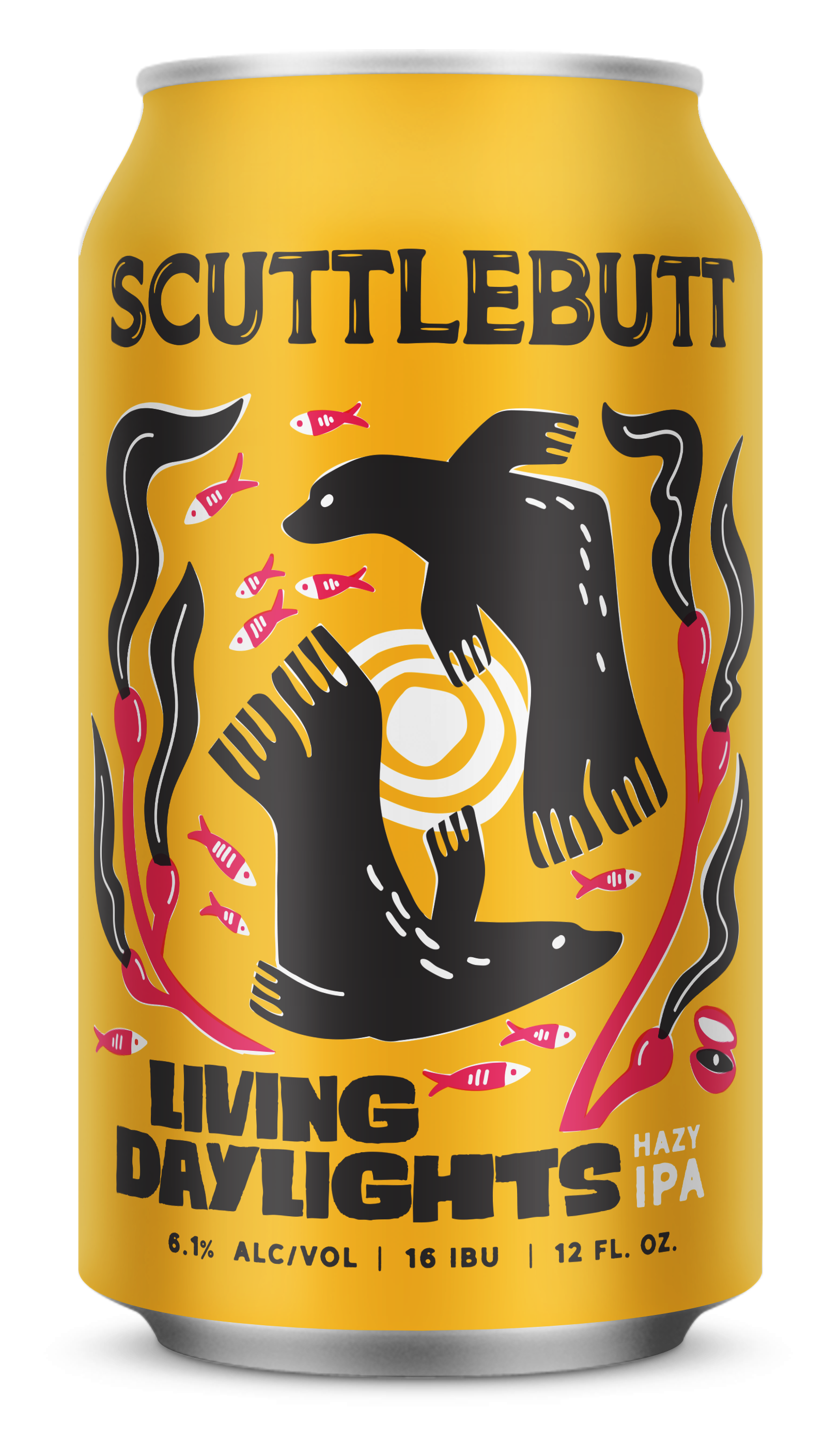 A can of Scuttlebutt Living Lights hazy IPA beer with a yellow label featuring a stylized black otter surrounded by pink fish and red aquatic plants, with black text and white details.