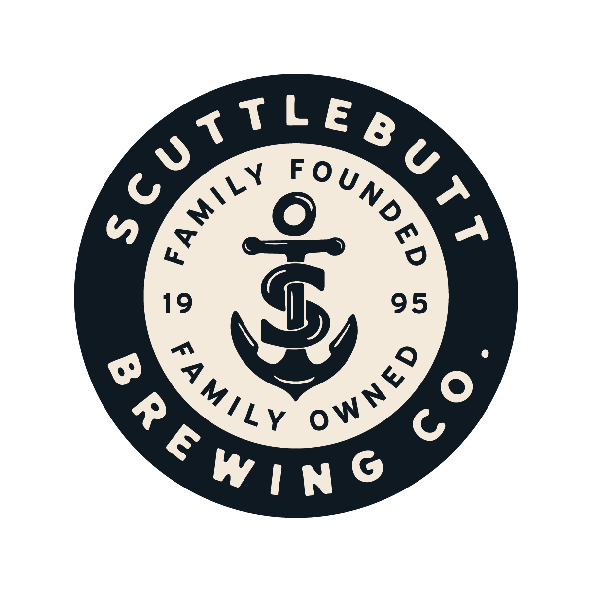 Circular logo with a navy blue border and cream background. It features an anchor in the center with a small circle at the top. The text reads 'SNOTTLEBUTT', 'FAMILY OWNED', and 'BREWING CO.', along with the founding year, 1995, and 'FAMILY' written twice.
