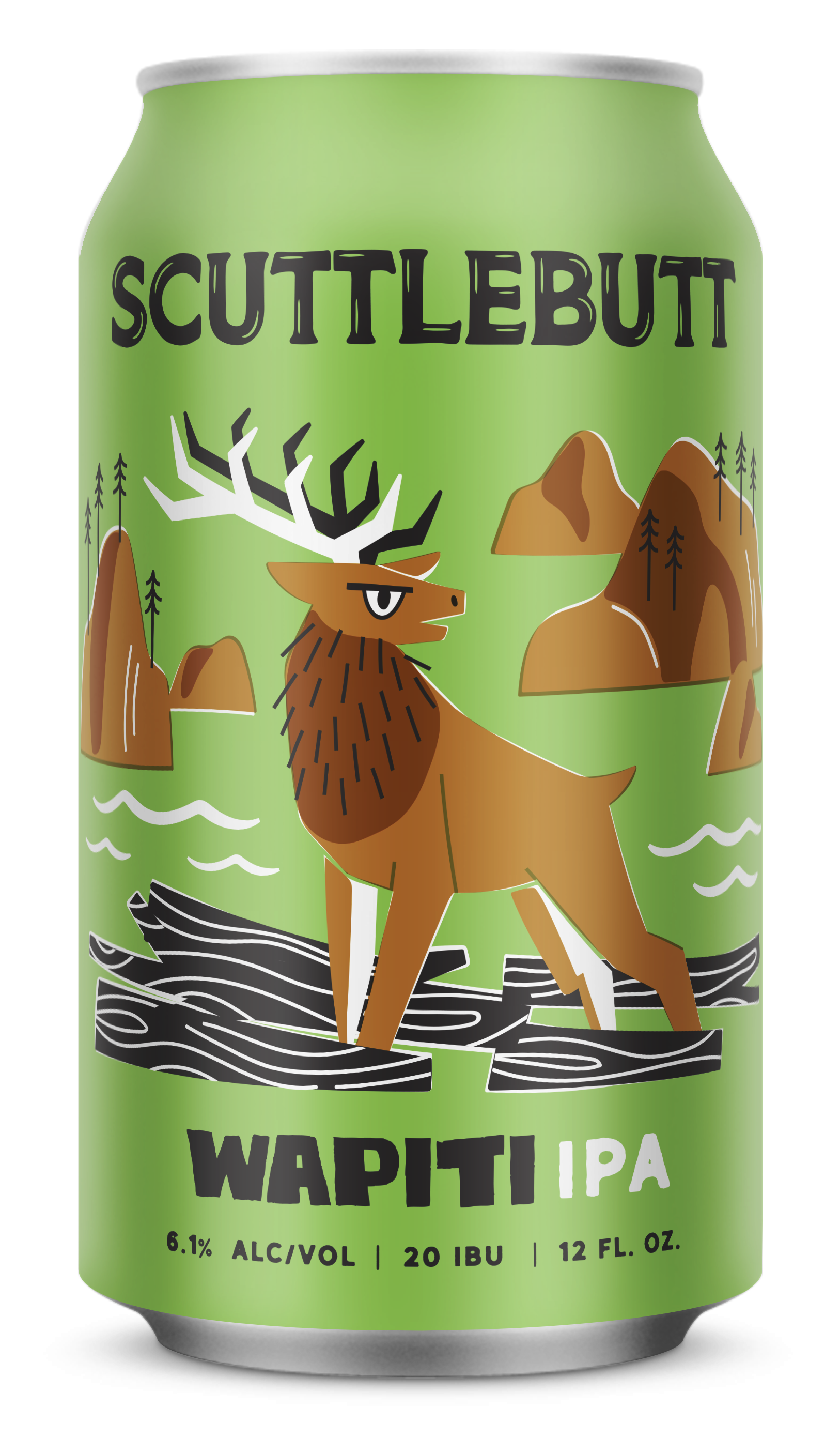 Green beer can with a logo of a stylized deer with antlers, mountains, and trees. Text on the can reads "Scuttlebutt Wapiti IPA," with details of 6.1% alcohol, 20 IBUs, and 12 fluid ounces.