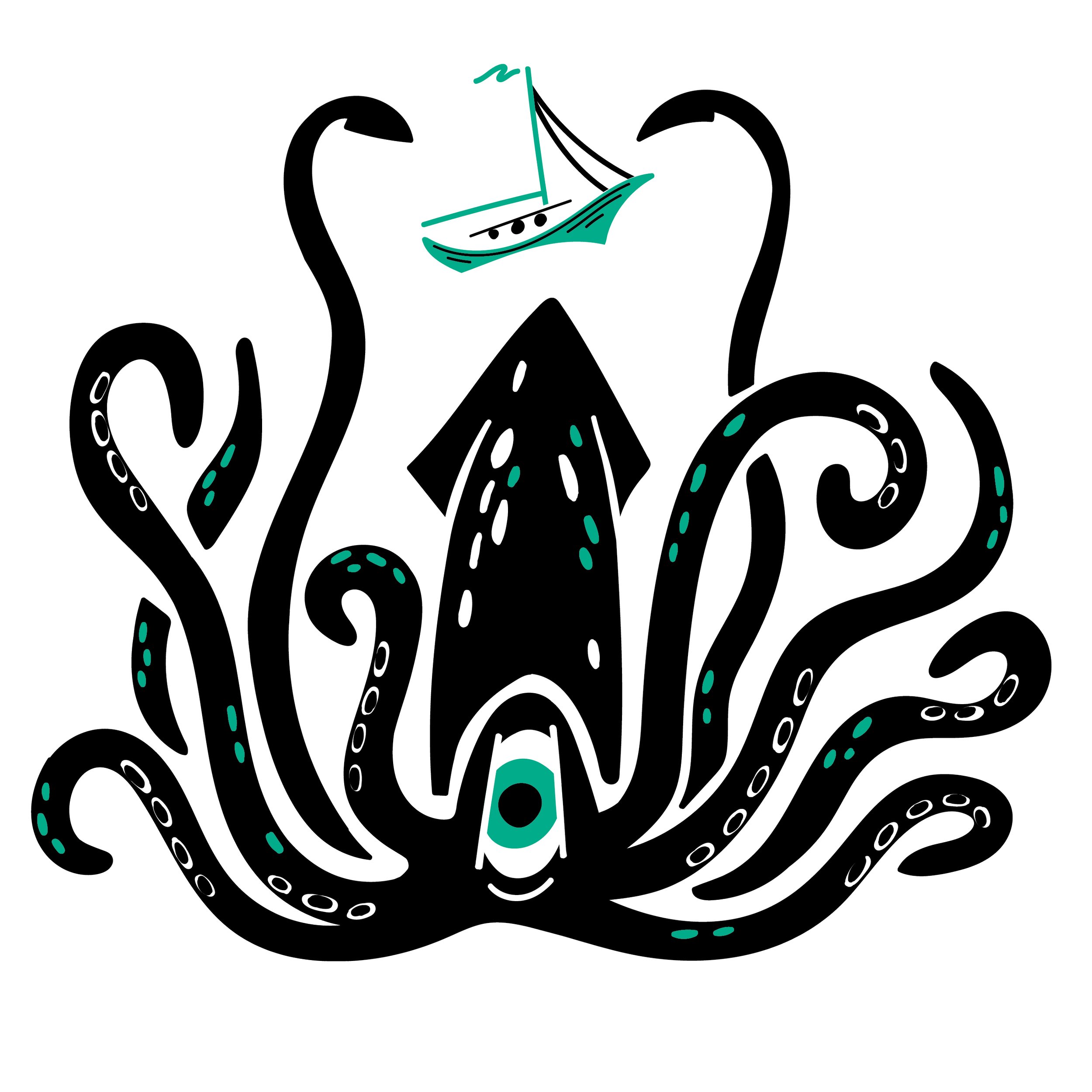 A black background with white and teal abstract line art depicting a sailing ship with waves and decorative flourishes.