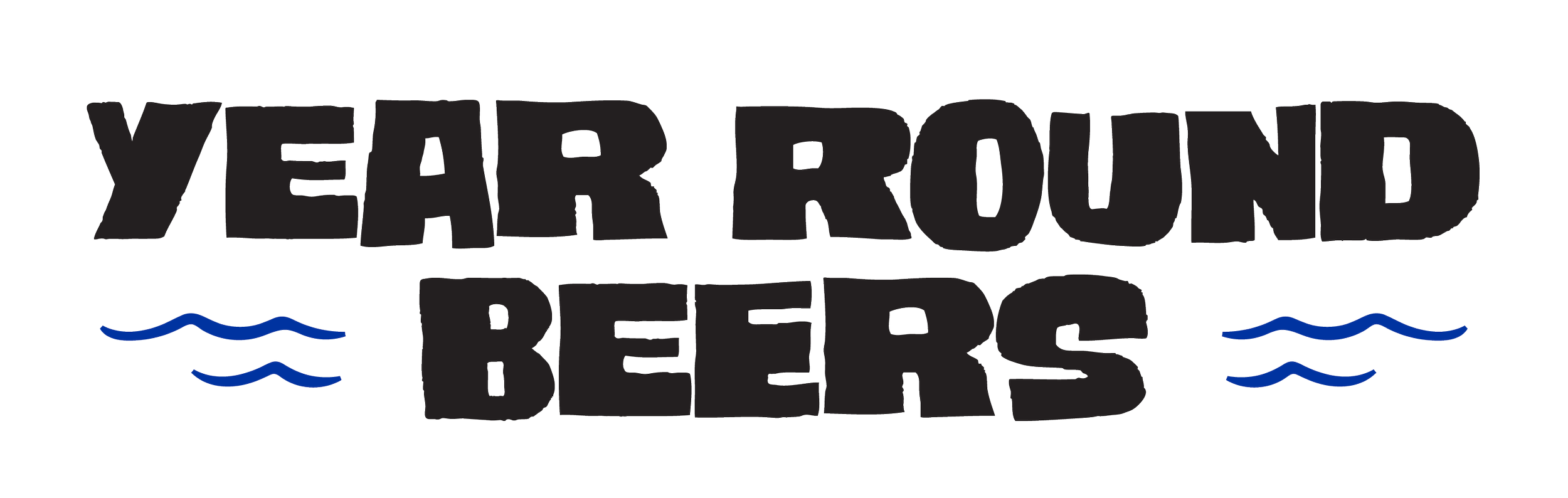 Text saying 'Year Round Beer' with blue wave designs underneath, on a black background.