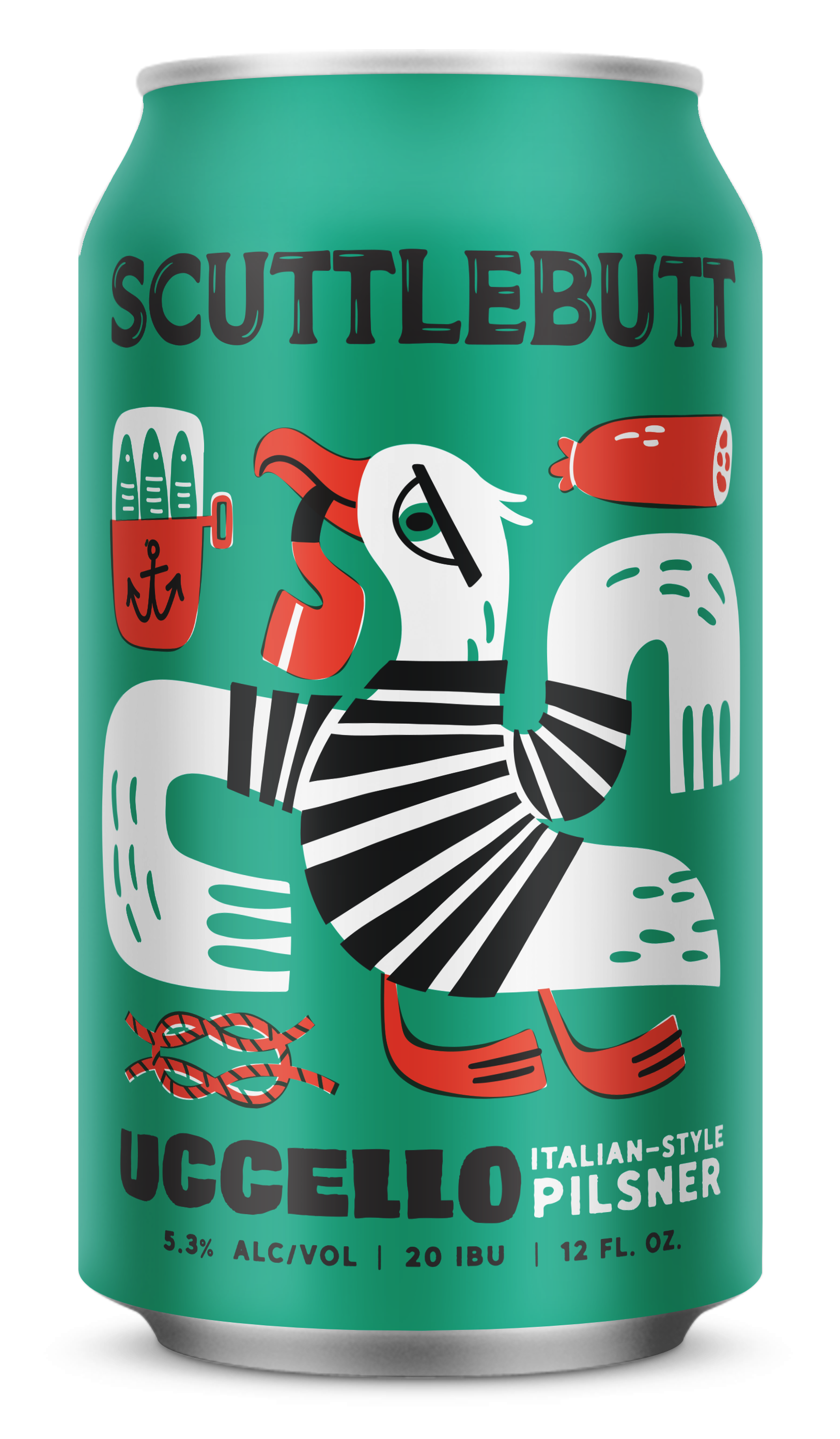 A can of Scuttlebutt Italian-style pilsner beer featuring a stylized illustration of a seagull wearing a black and white striped shirt, with a red beak and legs, holding a red bottle opener, and surrounded by drawings of canned fish, a sausage, and a rope knot.