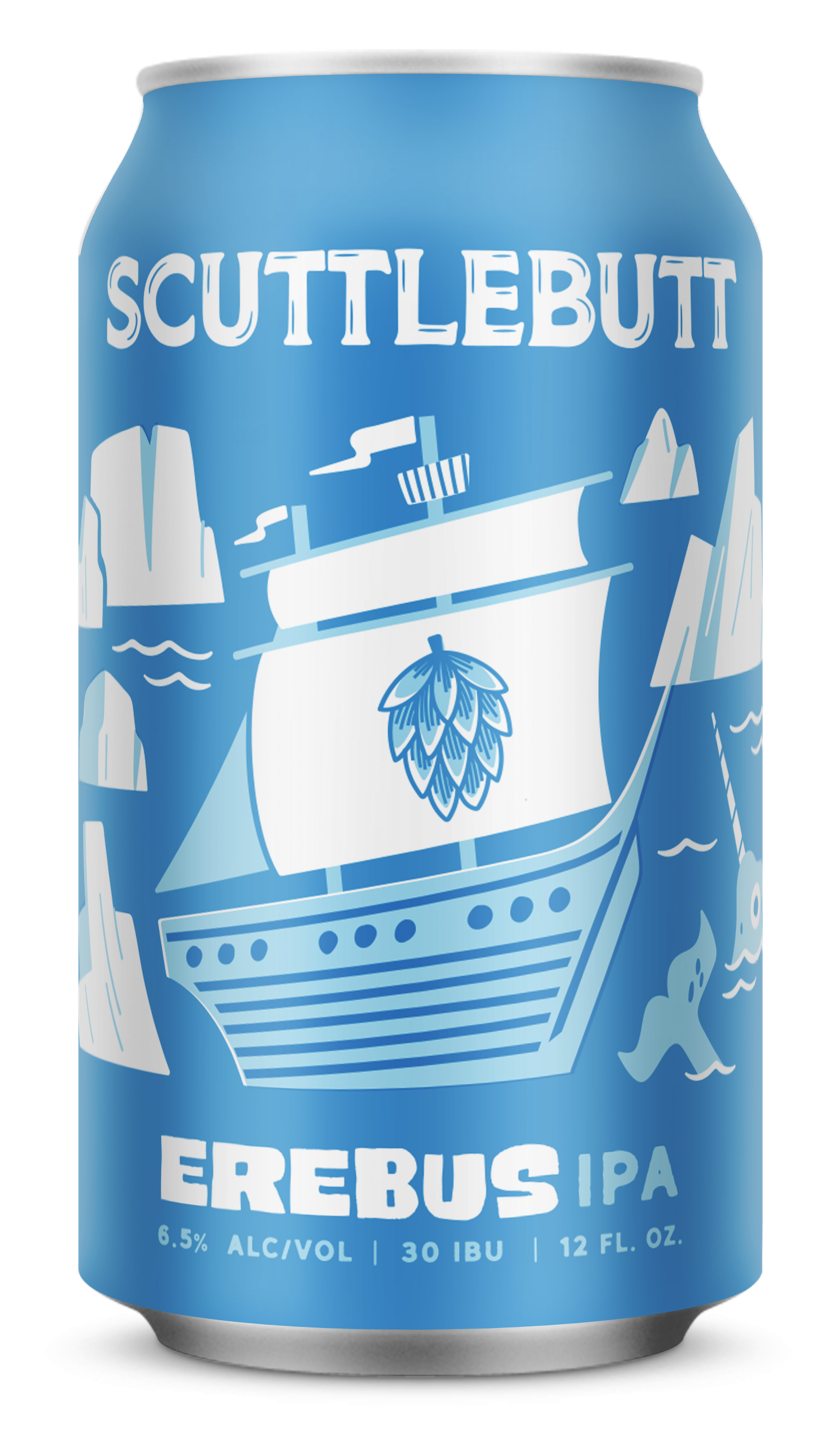 A can of Erebus IPA beer with a blue mountain landscape and ship illustration, displaying 6.5% alcohol, 30 IBUs, and 12 fluid ounces.