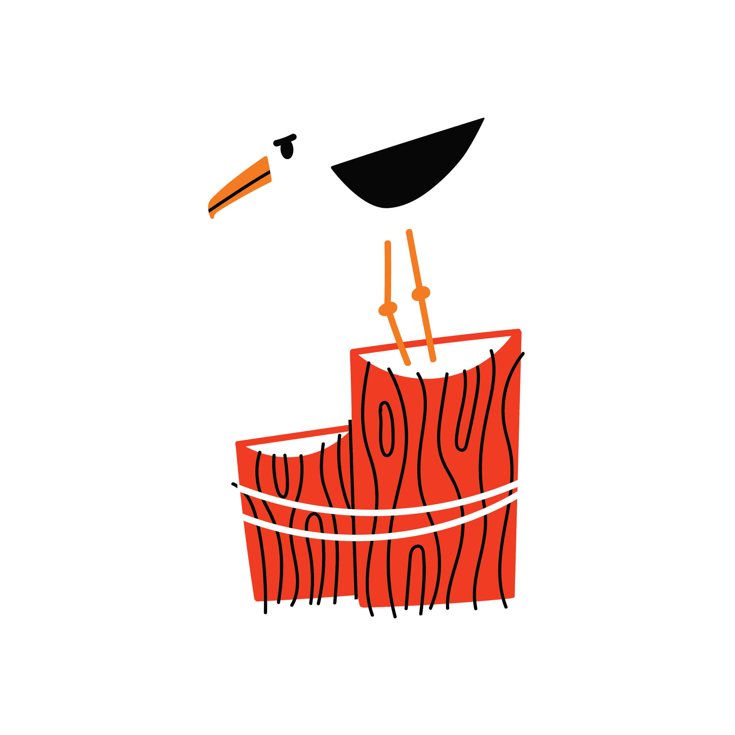 A cartoon illustration of a seagull standing on a red and black beach chair, with a black background.