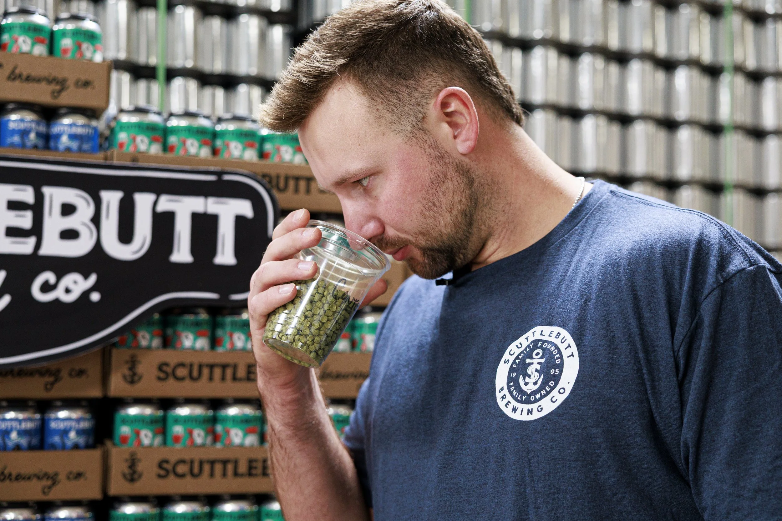 A man with short brown hair, light skin, and a beard is smelling a clear plastic container filled with green hops. He is wearing a blue t-shirt with a round logo on the chest that reads 'Scuttlebutt Brewing Co.' The background shows shelves with cans and boxes in a brewery or beer store.