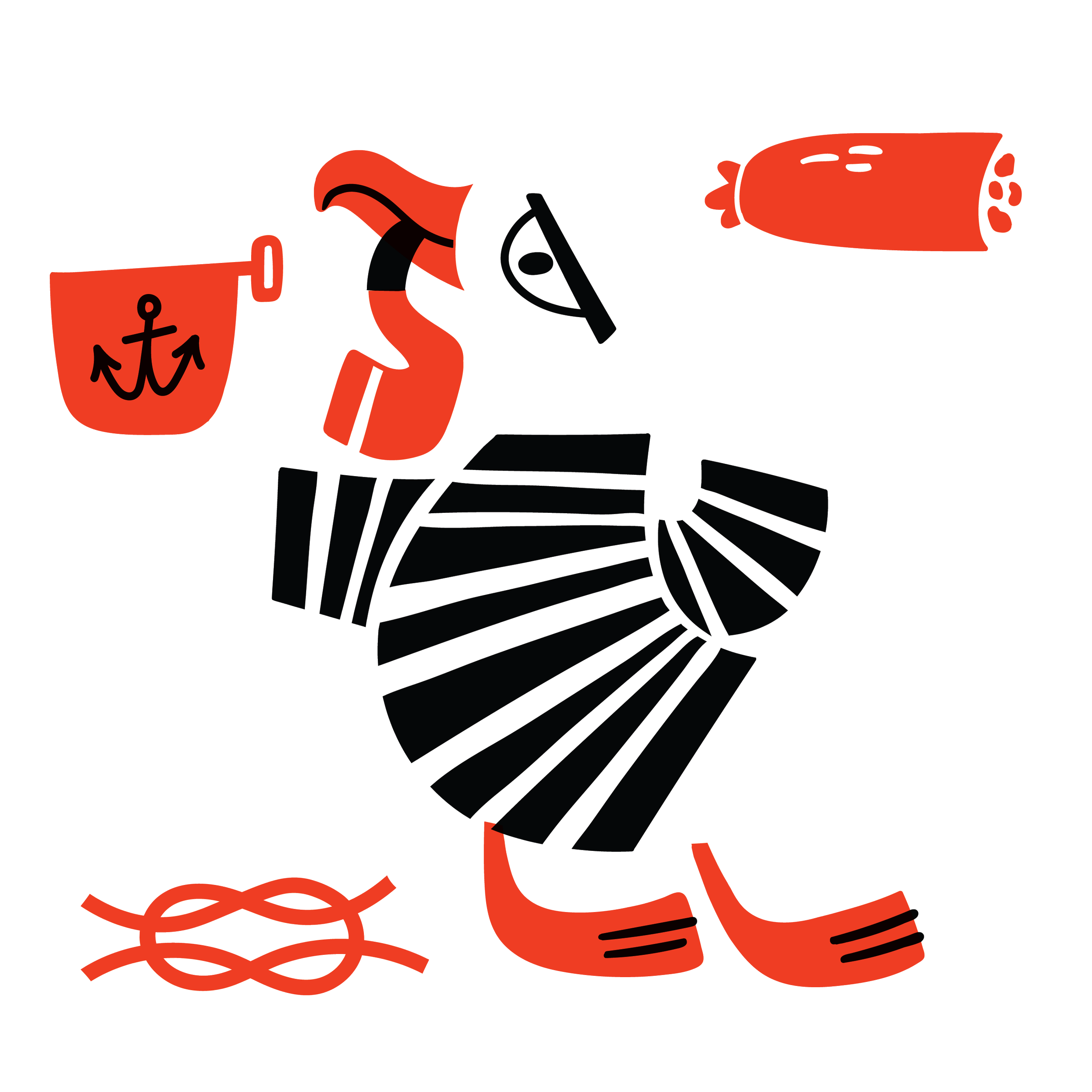An abstract illustration of a red purse with a black anchor symbol, a red high-heeled shoe, and black-and-white striped clothing.
