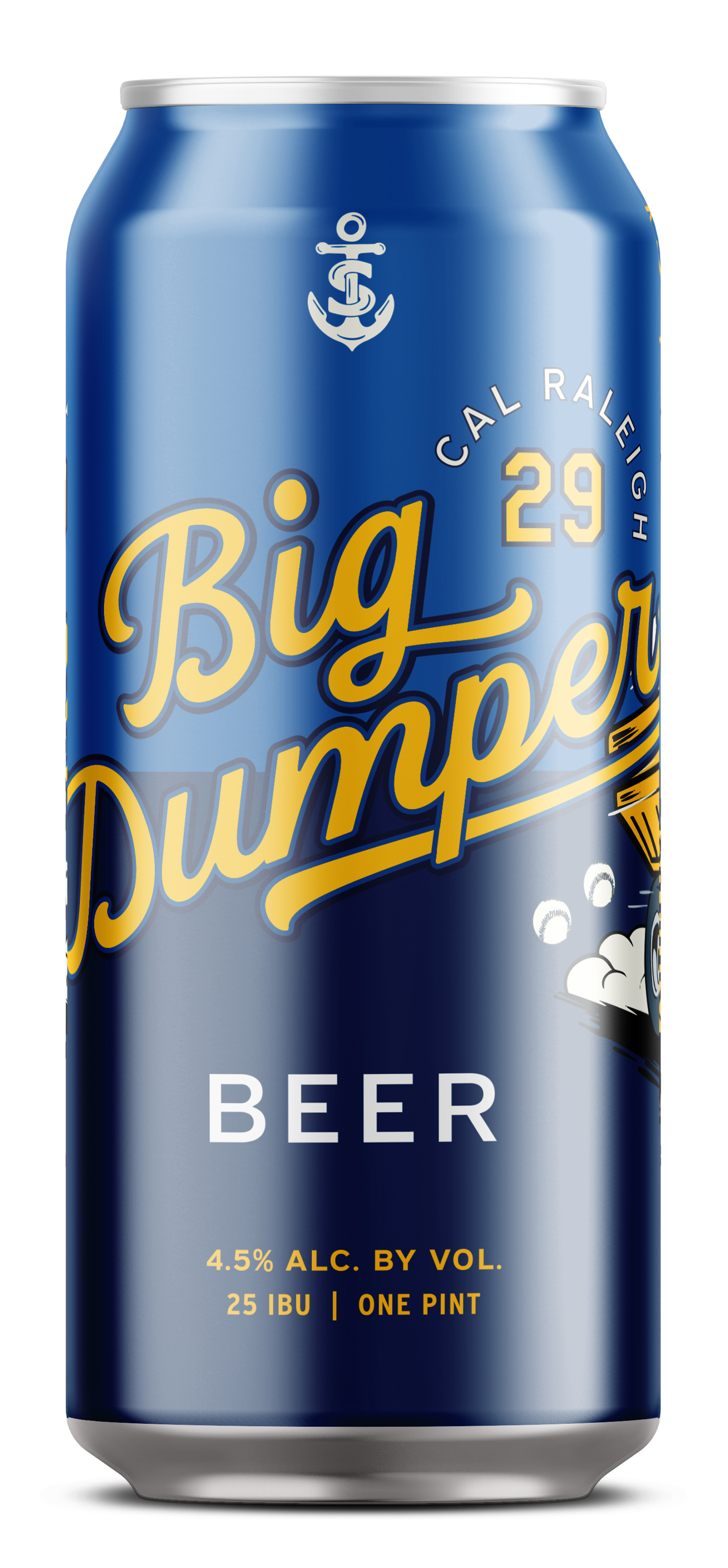 A blue aluminum can of Big Dumpy Cal Raligh beer, 4.5% alcohol by volume, 25 IBU, one pint, with an anchor logo at the top and a graphic of a person jumping off a boat on the right side.