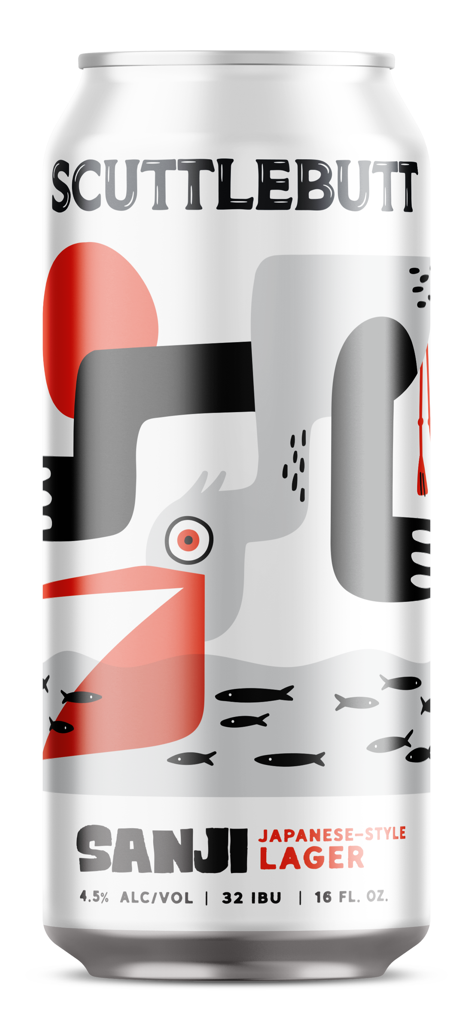 A can of Japanese-style lager beer named Sanji, with abstract black, white, gray, and red graphic design featuring fish and ocean motifs, indicating 4.5% alcohol, 32 IBU, 16 fl oz.