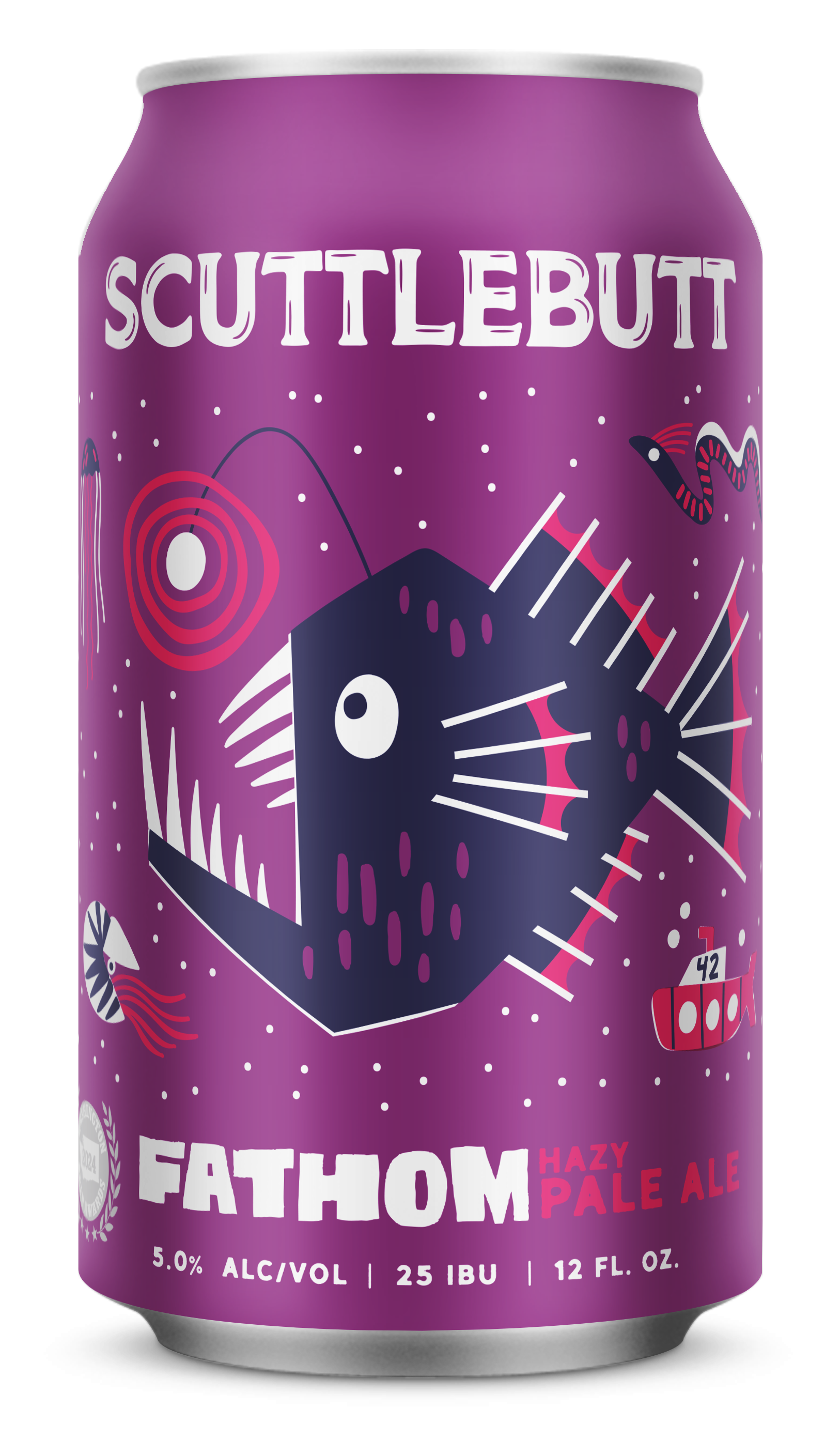A purple can of Fathom hazy pale ale with abstract sci-fi style graphics, including a cube with spiky edges, a red target design, and a black creature with a white eye, with information about alcohol content, bitterness, and volume.
