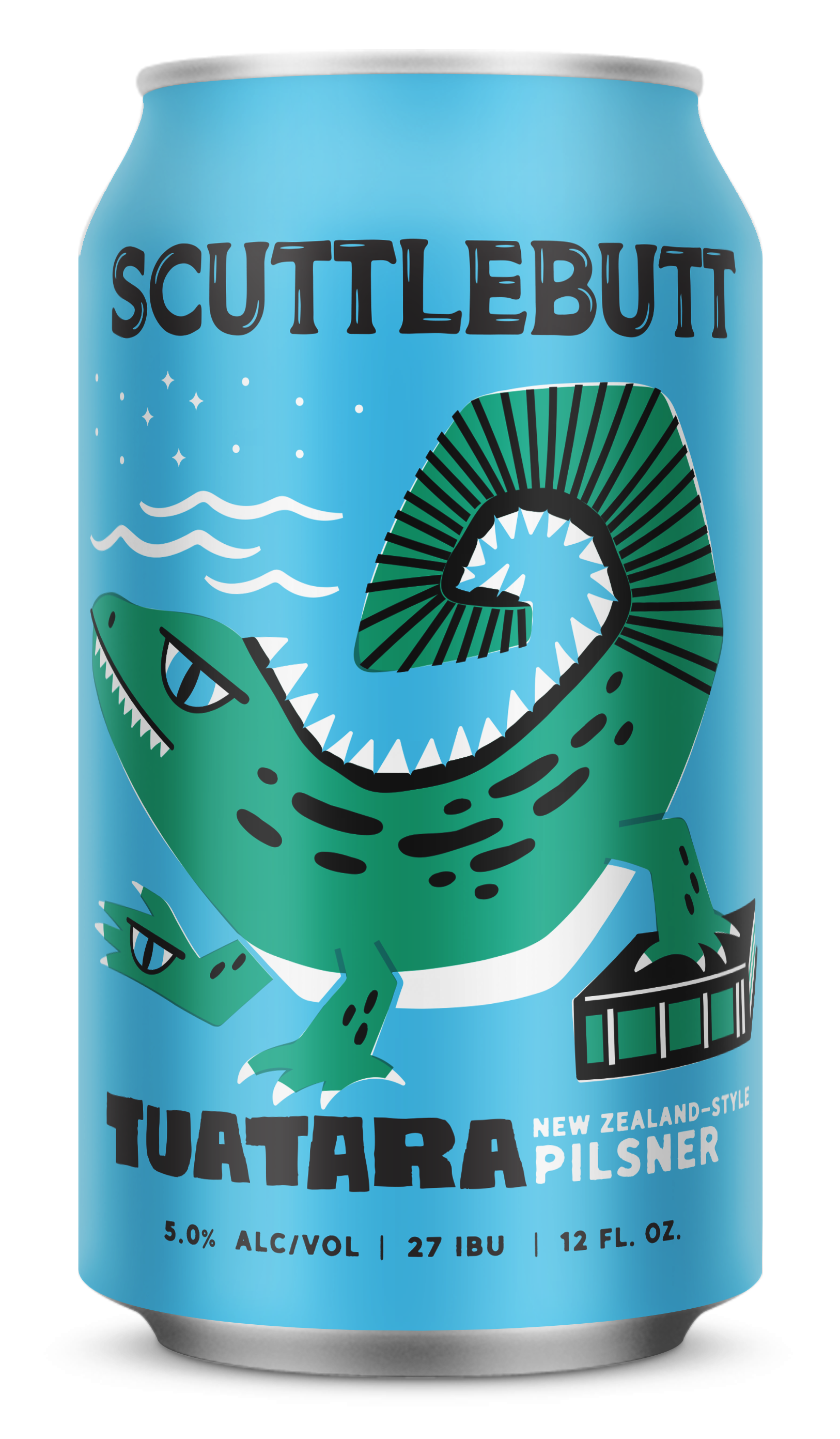 A bright blue can of Tuatarra New Zealand-style pilsner beer featuring a cartoonish green tuatara lizard with jagged teeth and an open mouth, standing on a beer barrel. The label includes the text 'SCUTTLEBUTT', 'TUATARRA', 'NEW ZEALAND-STYLE PILSNER', 5% alcohol, 27 IBU, and 12 fl. oz.