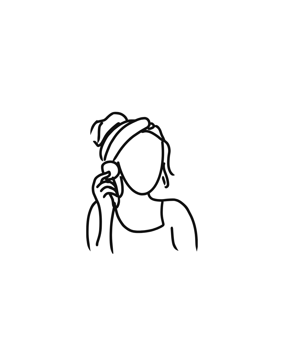 Line drawing of a woman holding a phone to her ear with a bun hairstyle, no facial features visible.