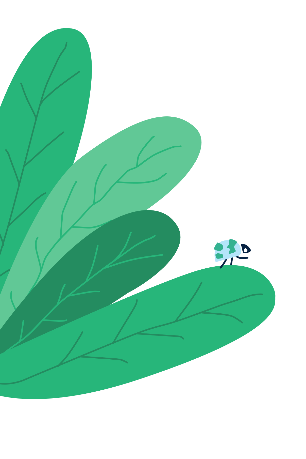 A digital illustration of a small insect with a blue body and white spots on its back, perched on green leaves.