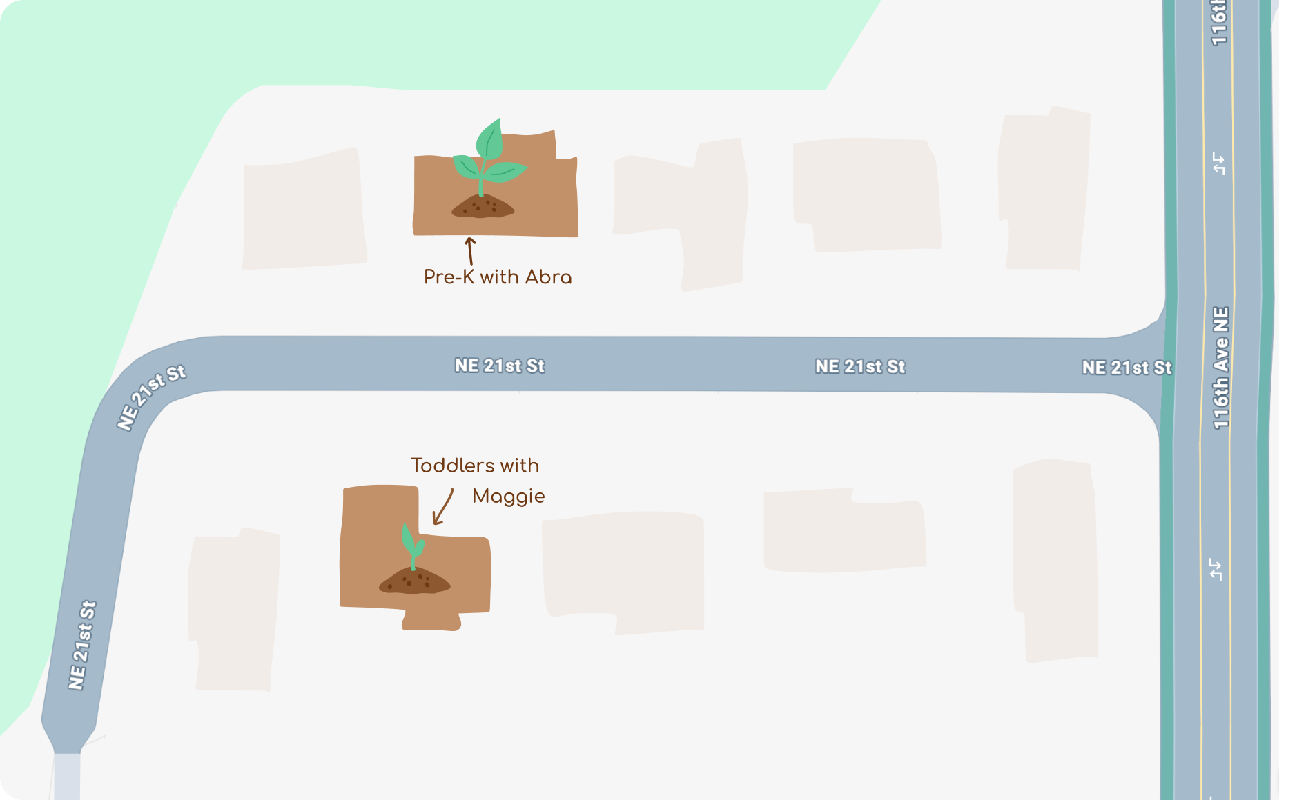 A map showing two areas with plant illustrations. The upper area labeled 'Pre-K with Abra' depicting a small plant, and the lower area labeled 'Toddlers with Maggie' showing a similar plant. Streets NE 21st St and 116th Ave NE are marked.