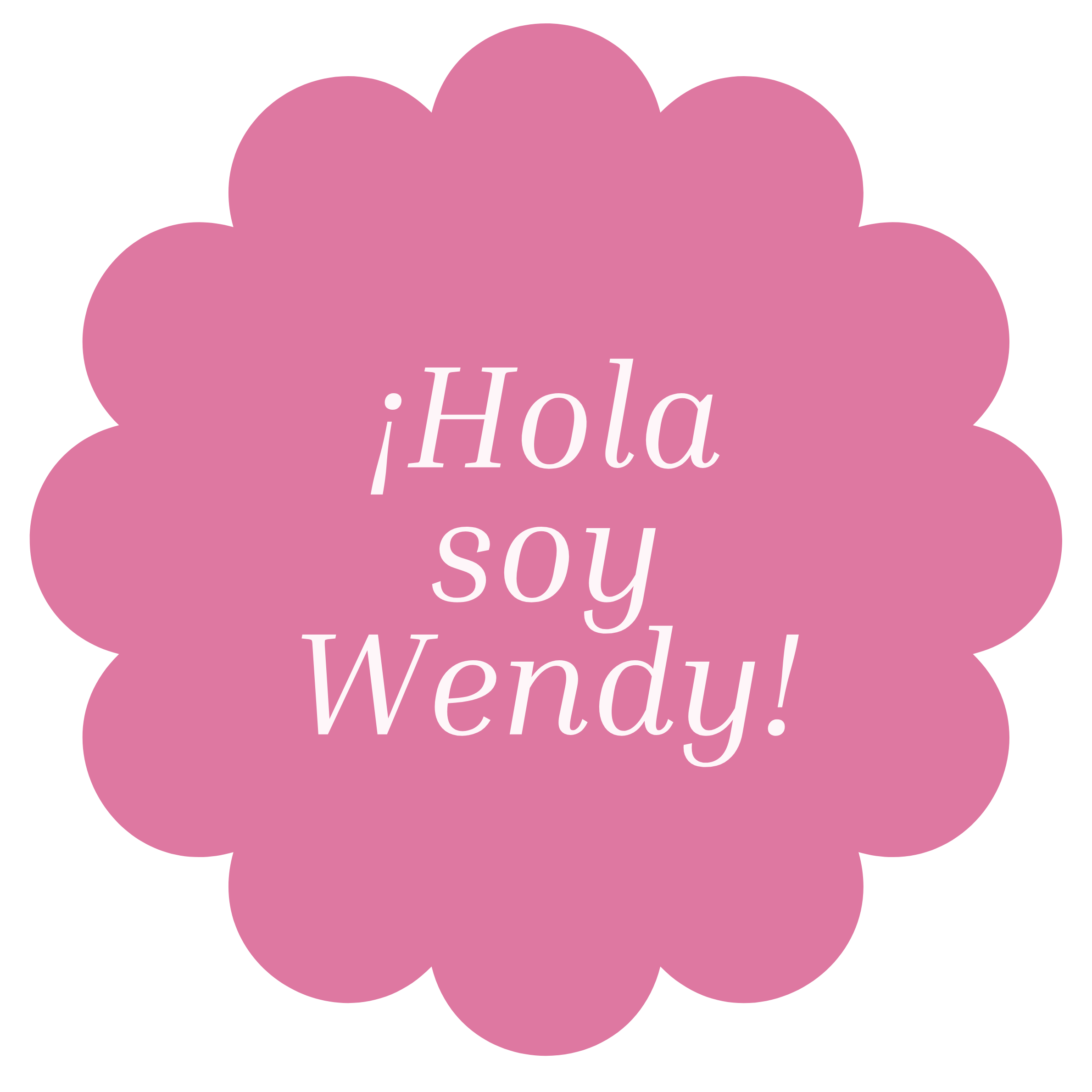 Pink flower-shaped speech bubble with the words '¡Hola, soy Wendy!' written in white text.