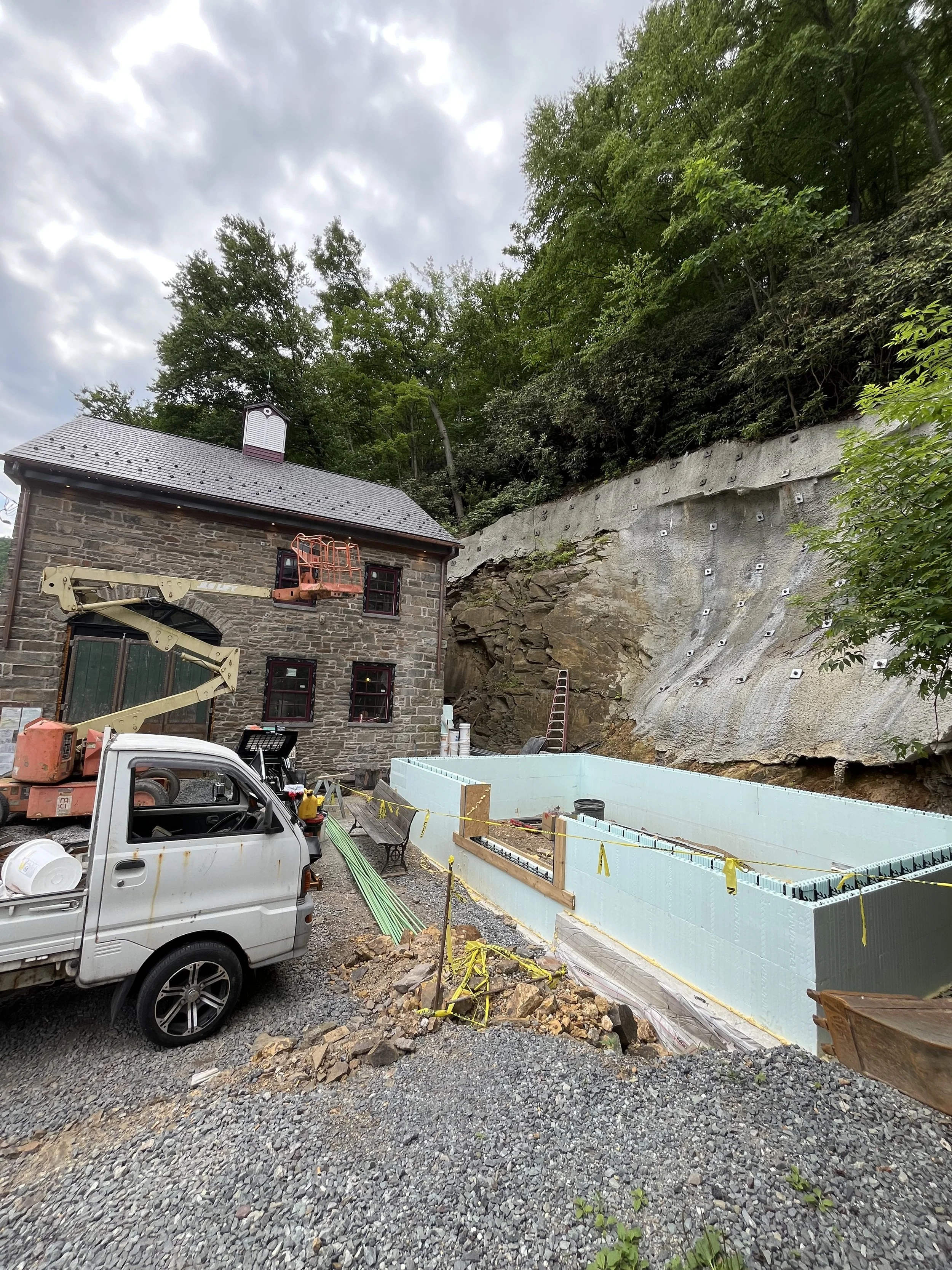 Beginnings of the ICF (insulated concrete form) bathroom building.