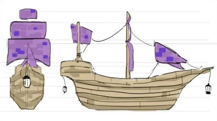 Drawing of two sailing ships with purple sails and lanterns, one viewed from the side and one from above.